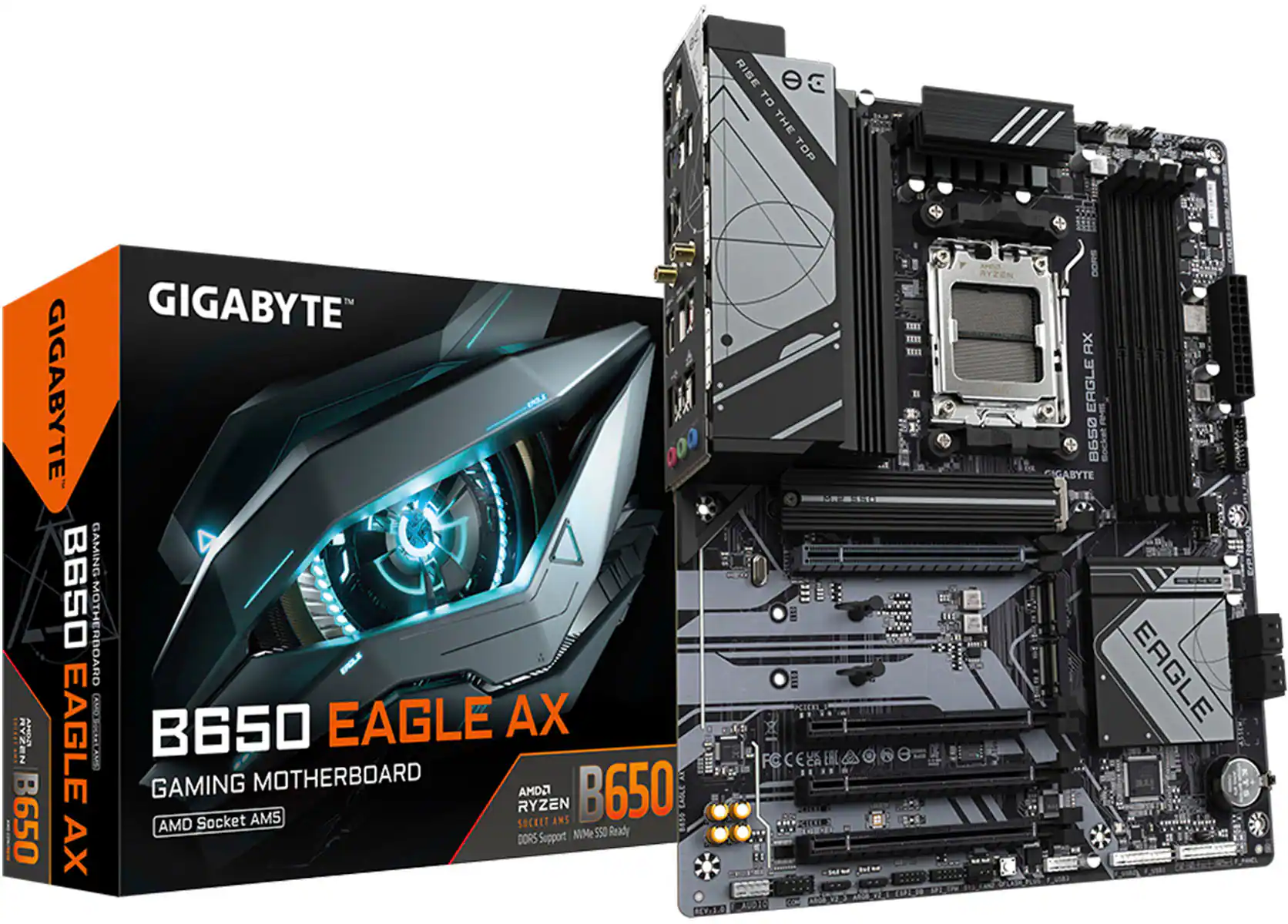 The image features a Gigabyte B650 Eagle AX gaming motherboard, which is designed for AMD Ryzen processors. The motherboard is displayed next to its box, showcasing its features and specifications. The B650 Eagle AX is a powerful and high-performance motherboard that is ideal for gamers and enthusiasts looking to build a top-notch gaming PC.