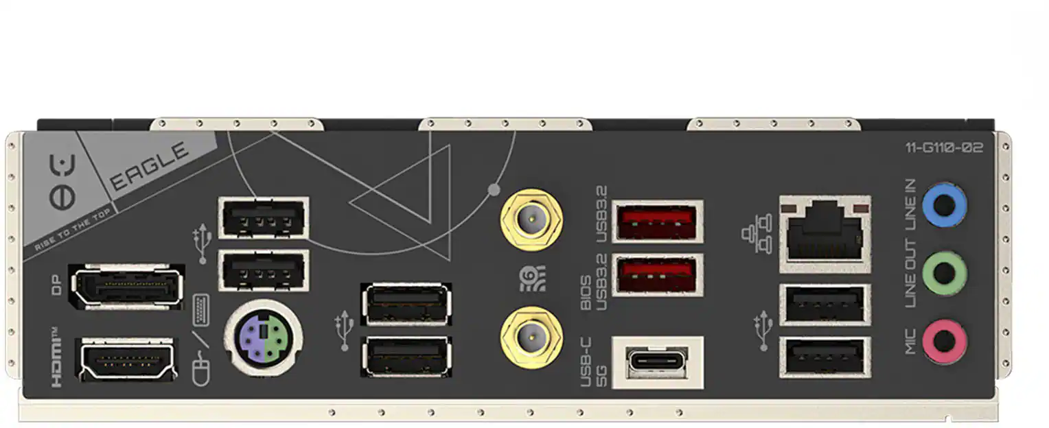 The image features a close-up of a computer board with several ports and connectors. The board is labeled "Eagle" and "Top" and has a variety of ports, including USB 3.2 and HDMI. The board is designed for use with a laptop and has a total of 11 ports.