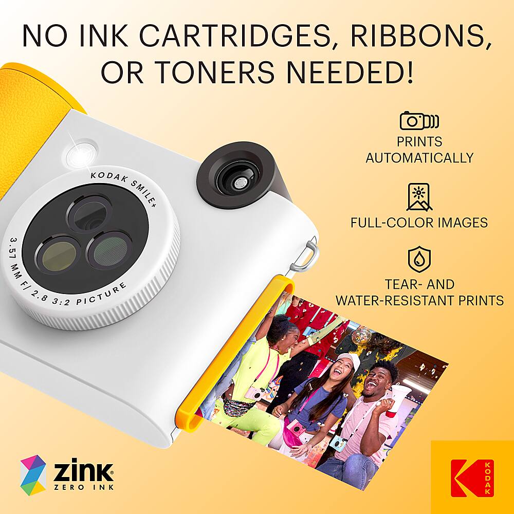 NO INK CARTRIDGES, RIBBONS, OR TONERS NEEDED! KODAK SMILE+ 3 3.57 MM F/ 2.8 3:2 PICTURE PRINTS AUTOMATICALLY FULL-COLOR IMAGES TEAR- AND WATER-RESISTANT PRINTS zink ZERO INK < KODAK