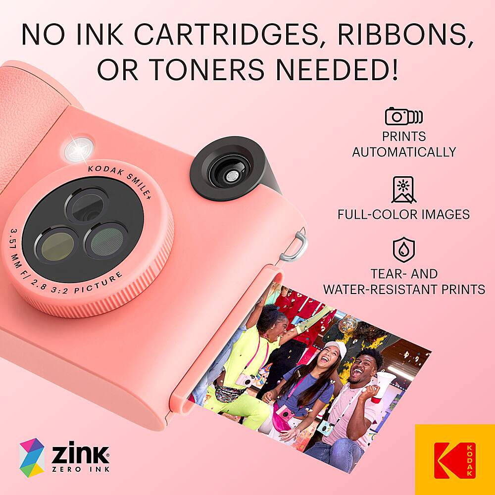 NO INK CARTRIDGES, RIBBONS, OR TONERS NEEDED! KODAK SMILE+ 3 3.51 MM F/ 2.8 3:2 PICTURE PRINTS AUTOMATICALLY FULL-COLOR IMAGES TEAR- AND WATER-RESISTANT PRINTS zink ZERO INK < KODAK