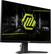 The image features a large MSI logo on a black background, with a green and yellow design. The logo is prominently displayed on the screen, possibly indicating that the monitor is an MSI product. The screen is turned on, and the MSI logo is the main focus of the image.