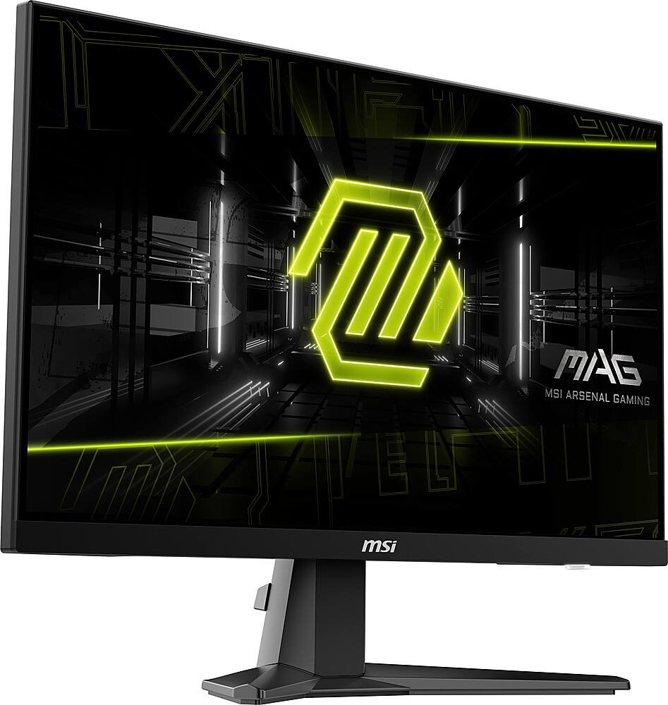 The image features a large MSI logo on a black background, with a green and yellow design. The logo is prominently displayed on the screen, possibly indicating that the monitor is an MSI product. The screen is turned on, and the MSI logo is the main focus of the image.