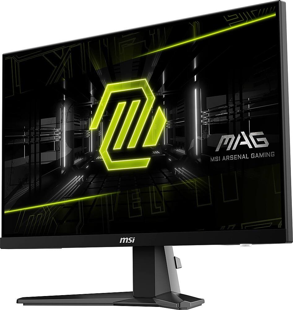 The image showcases a black computer monitor with a green logo on it. The logo is a large, green "M" that stands out prominently on the screen. The monitor is likely part of the MSI MAG Arsenal Gaming series, which is known for its high-quality gaming products. The focus of the image is on the logo and the monitor, making it an appealing visual for gaming enthusiasts.