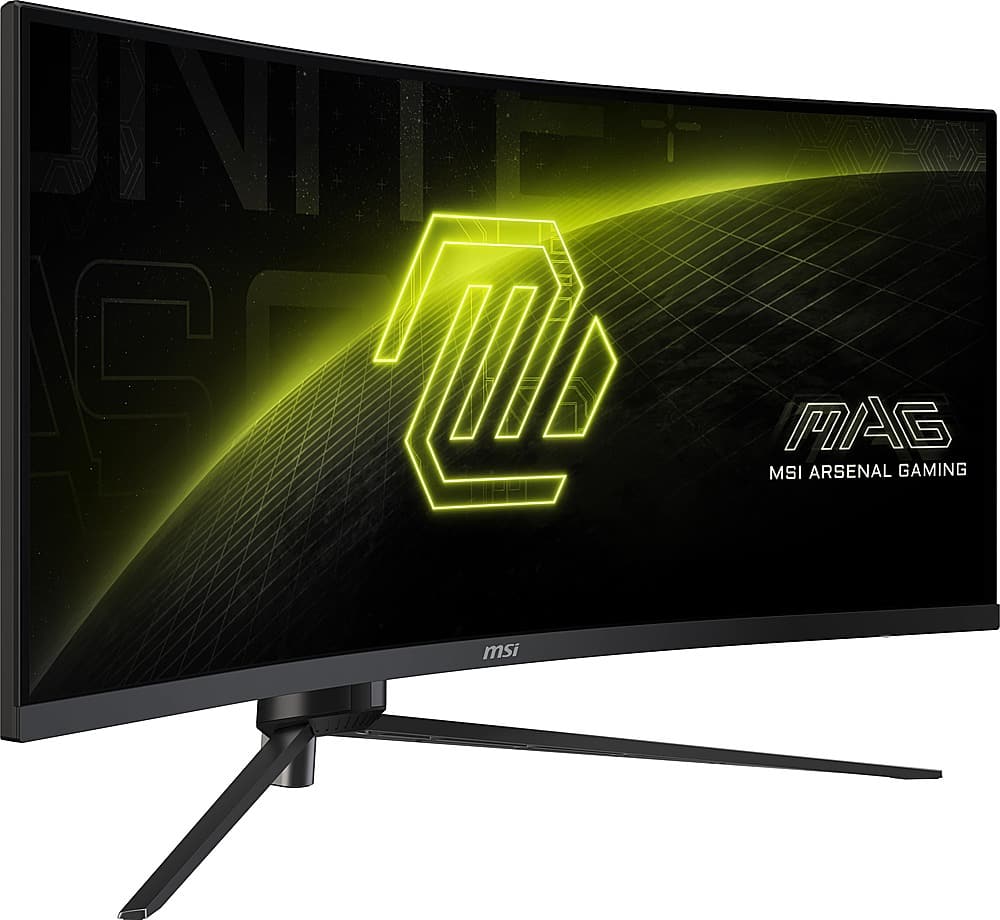 The image features a large computer monitor with a logo for MSI MAG Arsenal Gaming. The monitor is black and yellow, and it is placed on a stand. The MSI logo is prominently displayed on the monitor, indicating that it is a product of the company. The monitor is likely designed for gaming and other high-performance tasks, as suggested by the MSI MAG Arsenal Gaming branding.