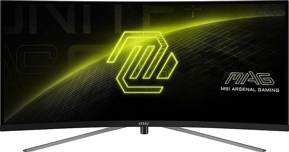 The image features a large screen TV with a green and black background, displaying the MSI Arsenal Gaming logo. The TV is likely designed for gaming enthusiasts and offers an immersive gaming experience. The MSI Arsenal Gaming logo is prominently displayed on the screen, emphasizing the brand's focus on gaming technology.