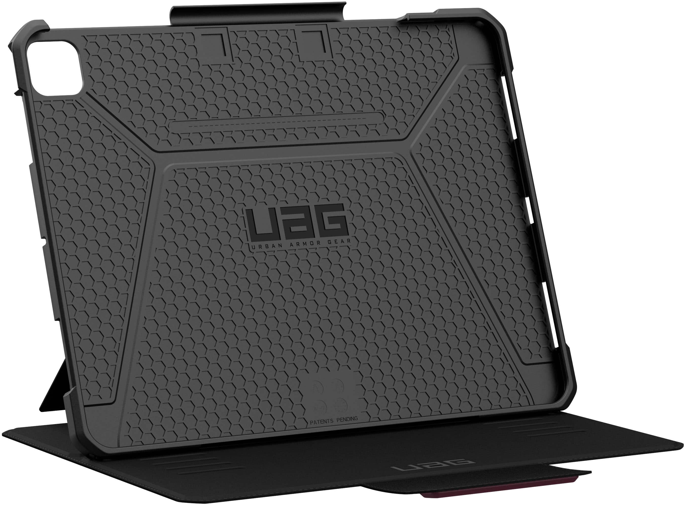 The image features a black tablet with a case on it. The case has a UAG logo on it, which stands for Urban Armor Gear. The tablet is placed on a stand, and the case is designed to protect the device from drops and impacts. The UAG case provides a secure and durable solution for the tablet, ensuring its safety and longevity.