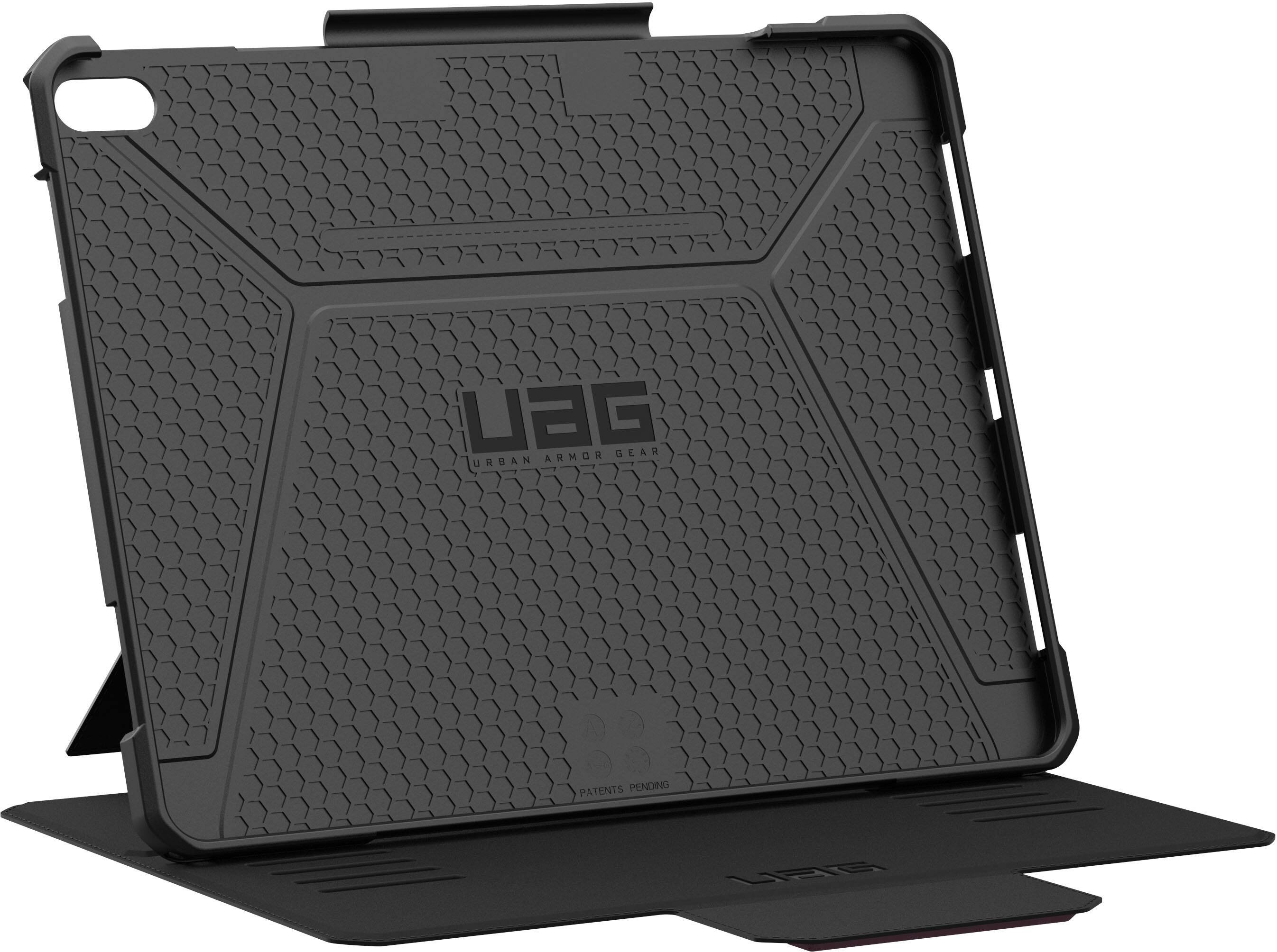 The image features a black UAG case for an iPhone. The case is designed to protect the phone from drops and impacts, and it is made of durable materials. The case is open, revealing the iPhone inside. The UAG case is a popular choice for iPhone users who want to keep their device safe and secure.