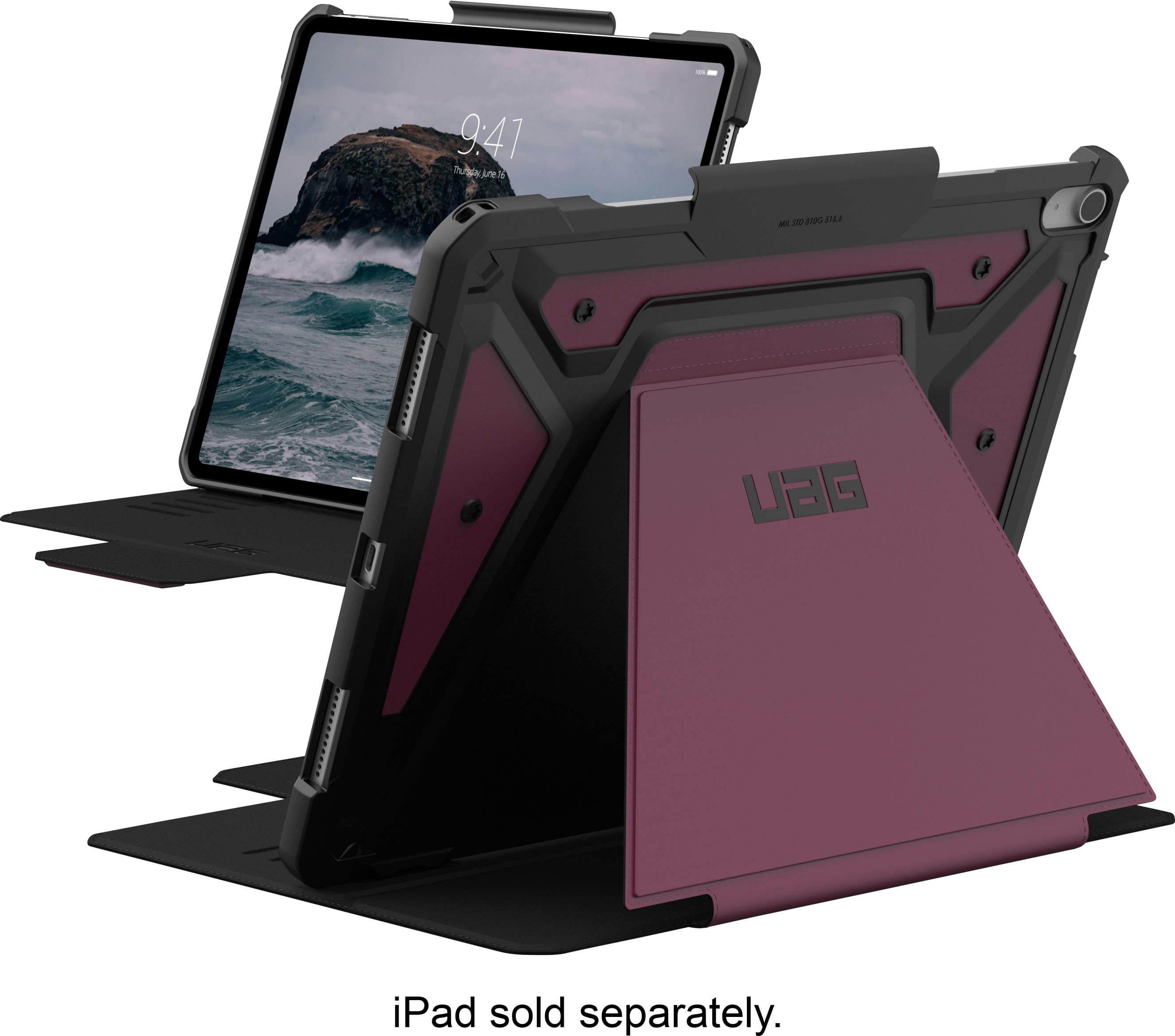The image features a purple laptop with a black keyboard and a black case. The laptop is open and placed on a stand, with a picture of a rocky shore on the screen. The stand is designed to hold the laptop at an angle, making it easier to view the screen. The laptop is also equipped with a stylus, which can be used for drawing or writing on the screen. The overall appearance of the laptop and stand is sleek and modern, making it an attractive choice for users who want a stylish and functional device.