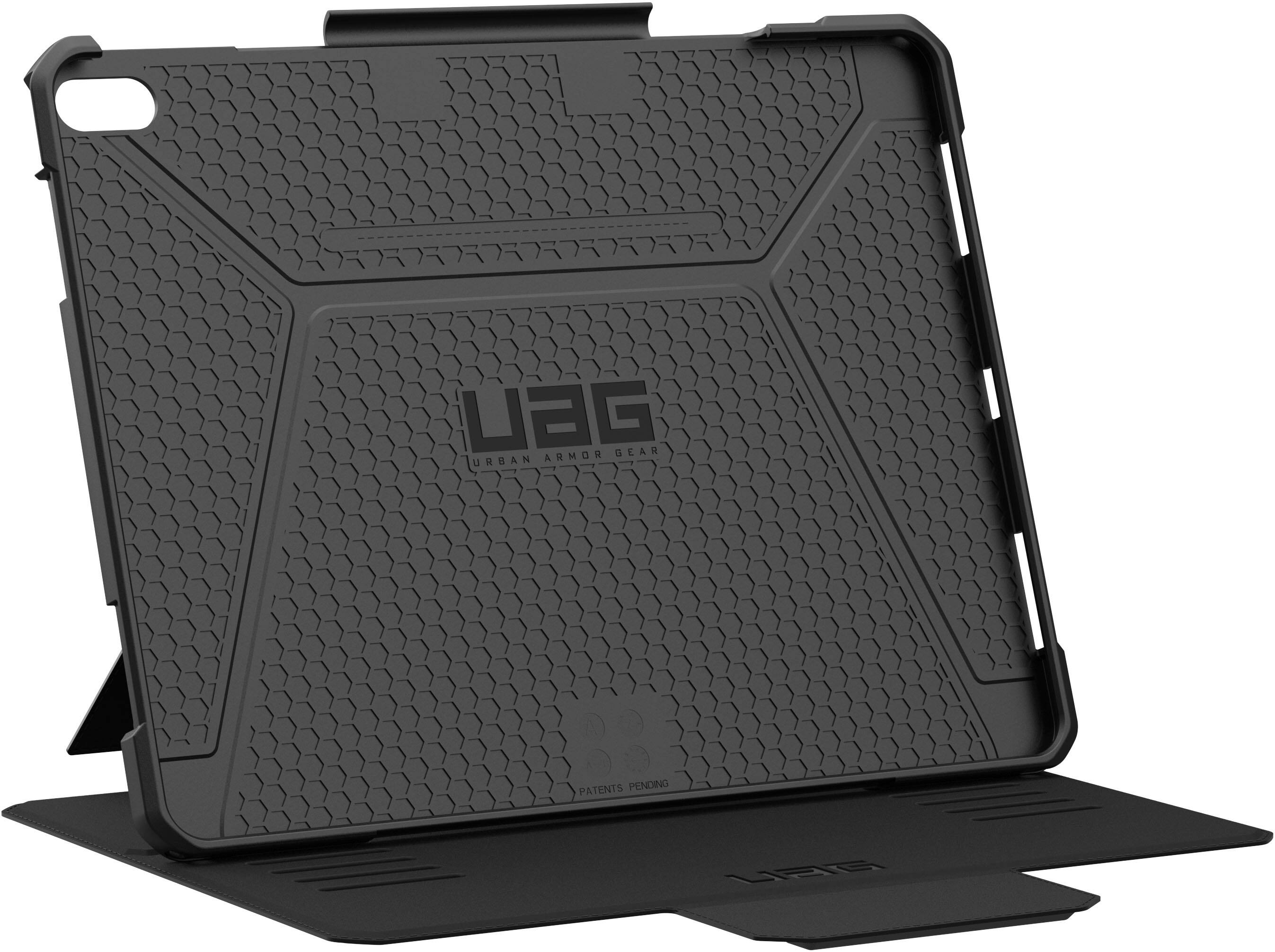 The image features a black case for a tablet computer, which is designed by UAG. The case is made of hard plastic and is designed to protect the tablet from scratches and impacts. The case is also equipped with a built-in stand, allowing the user to view the screen at an ergonomic angle. The UAG case is compatible with the iPhone 6, and it is available in black and grey colors.
