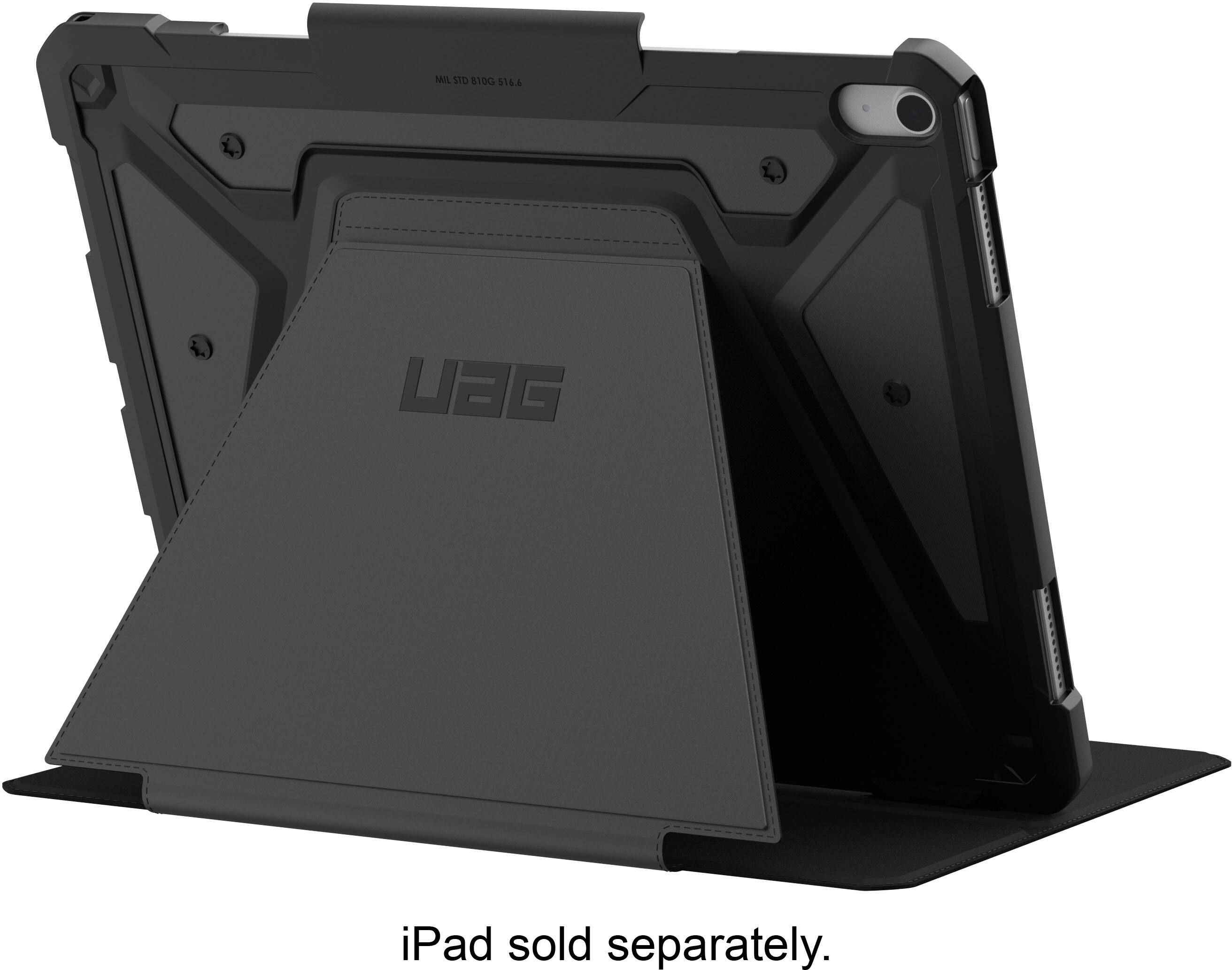 The image shows a black tablet computer with a black case and stand. The tablet is placed in the stand, which is designed to hold the device securely and at an optimal viewing angle. The tablet is positioned in the center of the image, with the stand surrounding it. The stand is made of a durable material, likely to protect the tablet from damage and provide a stable surface for the device.