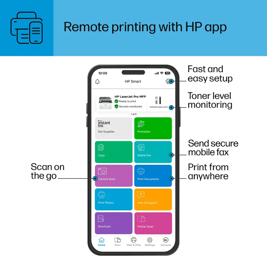 Remote Printing with HP App:

* HP Smart: Fast and easy setup
* HP LaserJet PrO MFP: Ready to print
* Security monitored: Instant Ink Delivery & Supplies
* Toner level monitoring: 2 toner levels
* Mobile Fax: Send secure mobile fax
* Scan on the go: Camera Scan & Print
* Print documents: Print Photos
* Print from anywhere: Printables & Copy
* Help & Support: Shortcuts & Printer Scan
* View & Print Settings: Account