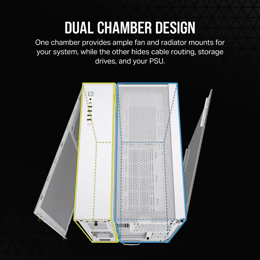 DUAL CHAMBER DESIGN: One chamber provides ample fan and radiator mounts for your system, while the other hides cable routing, storage drives, and your PSU.
