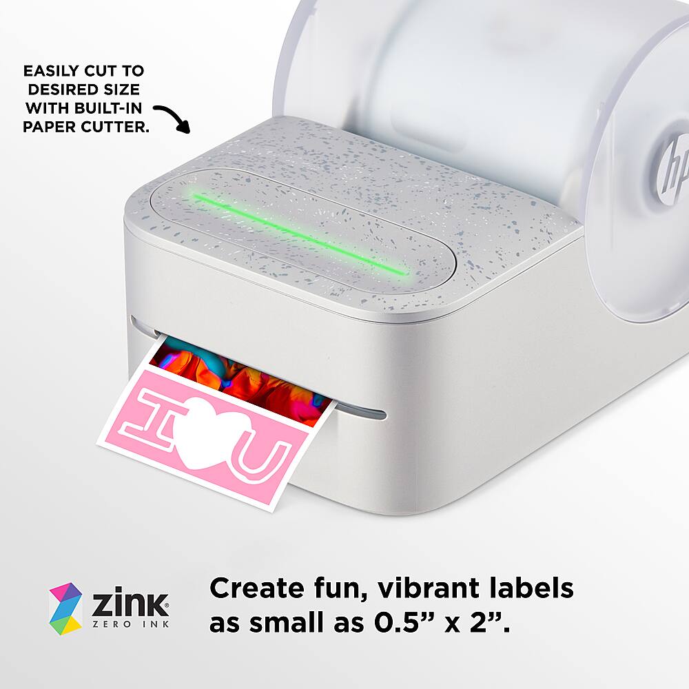 Easily cut to desired size with built-in paper cutter. Create fun, vibrant labels with Zink Zero Ink as small as 0.5" x 2".