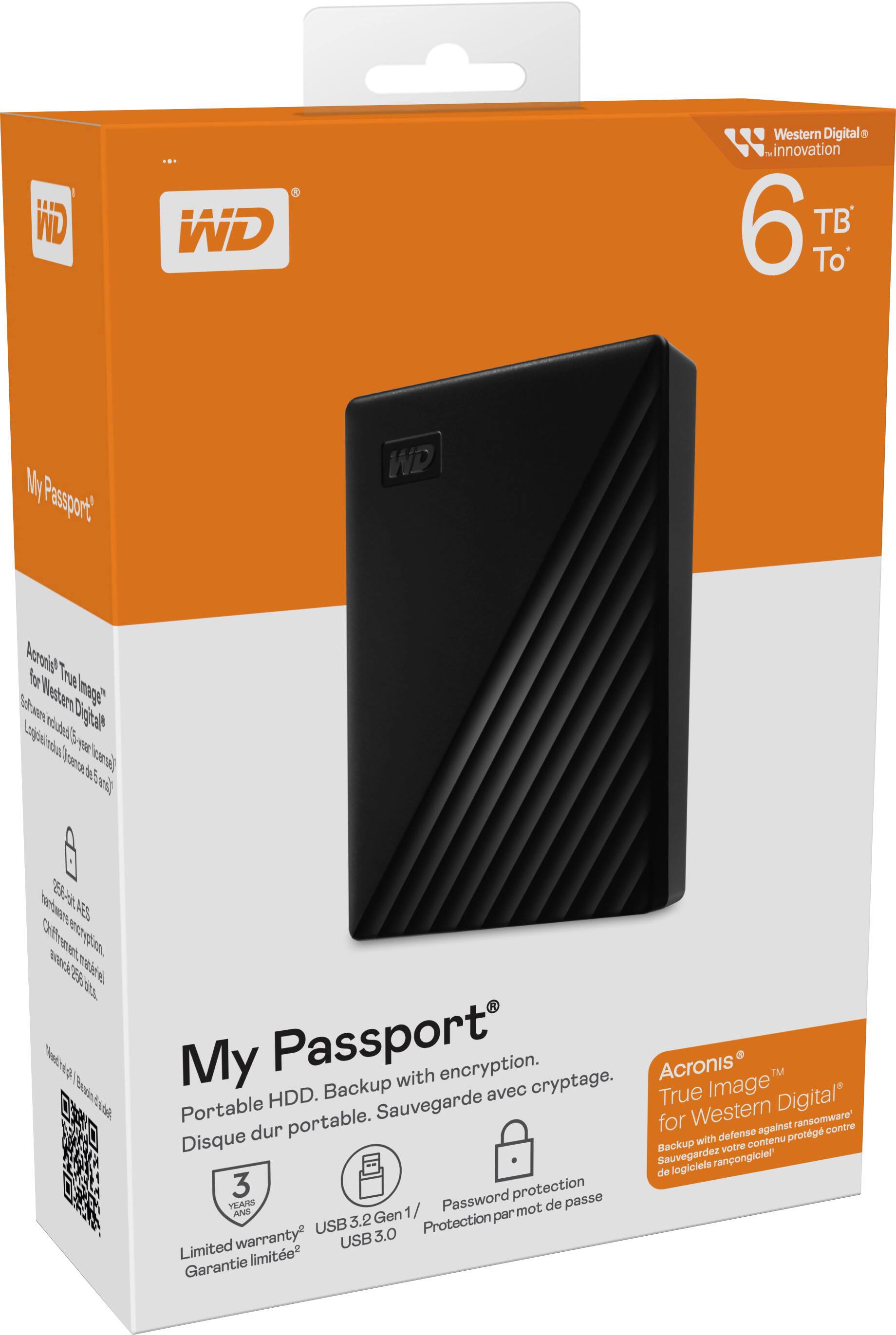 The image features a box containing a WD My Passport external hard drive. The hard drive is designed for portability and offers encryption and password protection for secure data storage. It is compatible with Windows and Mac operating systems, and comes with a 30-day limited warranty. The box also includes a USB cable for easy connectivity and data transfer.