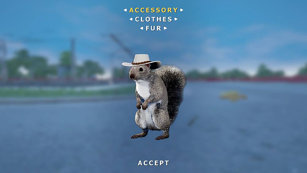 The image features a small squirrel wearing a cowboy hat and a white shirt. The squirrel is standing on a road, and there is a car in the background. The text "ACCEPT" is displayed in the foreground.