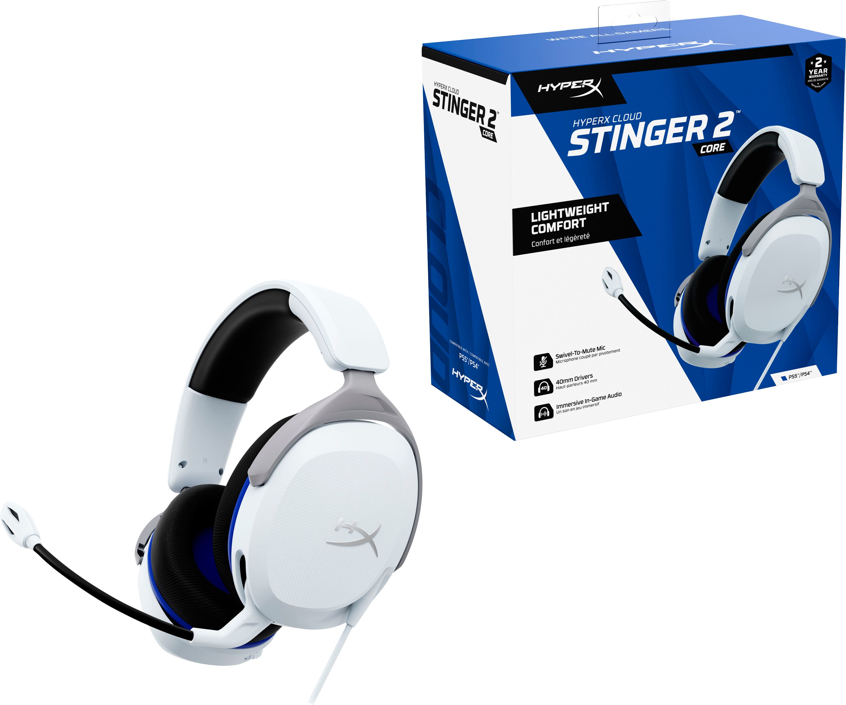 The text on the image reads:
"Stinger 2 Core - HyperX Cloud Stinger 2 Core - Lightweight Comfort - 2 Year Warranty - Immersive Sound - HyperX Memory Foam - Large 50mm Drivers - 3.5mm Audio Jack - Detachable Cable - Foldable Design - PC/Mac/Mobile Compatible - Black and White Color - HyperX Stinger 2 Core - Lightweight Comfort - 2 Year Warranty - Immersive Sound - HyperX Memory Foam - Large 50mm Drivers - 3.5mm Audio Jack - Detachable Cable - Foldable Design - PC/Mac/Mobile Compatible - Black and White Color."