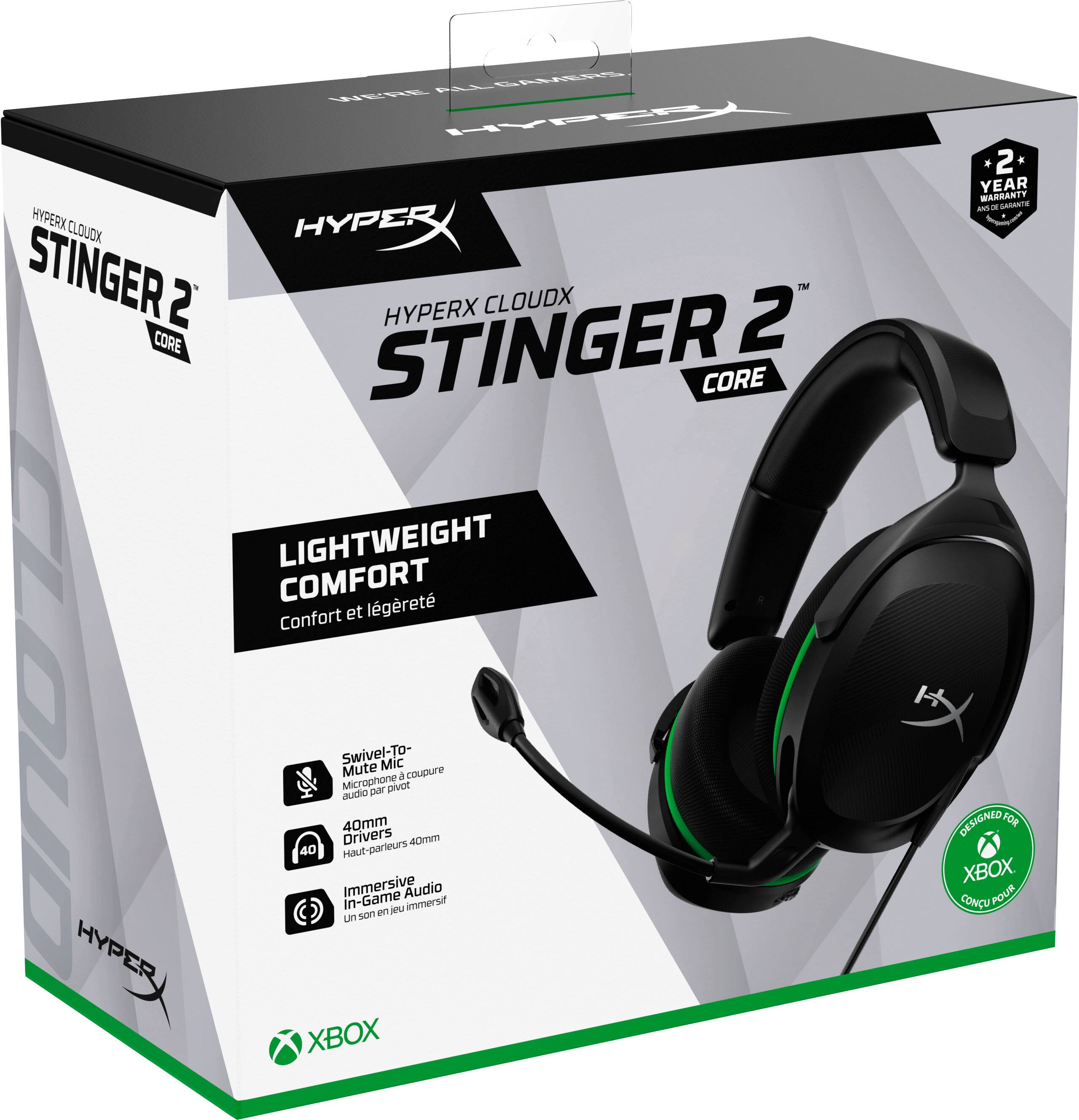 The HyperX CloudX 2 Stinger Core headset is designed for Xbox and features a lightweight, comfortable design with a swivel-to-mute microphone and 40mm drivers for immersive audio. The headset comes with a 2-year warranty and is compatible with Xbox.