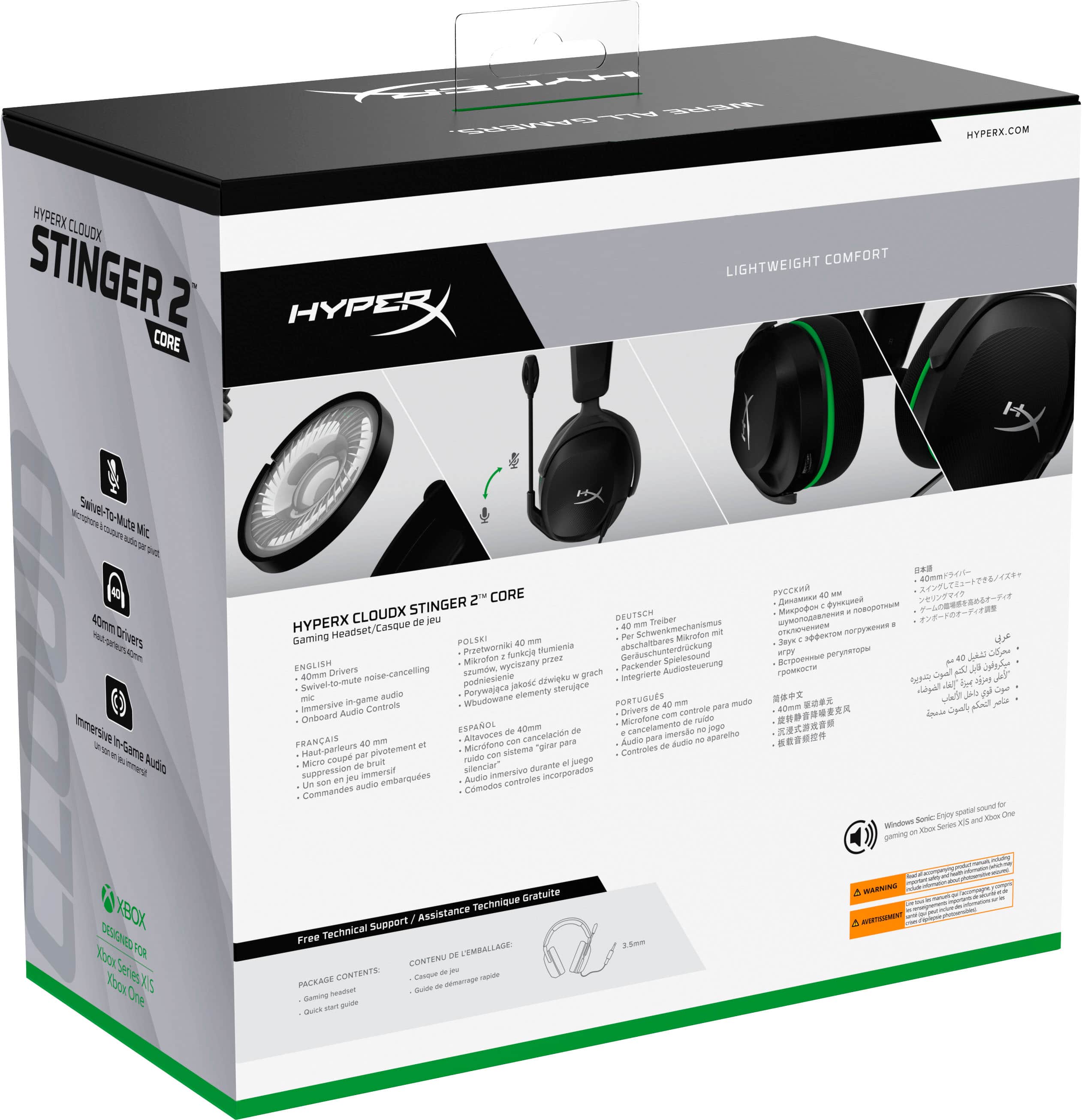The text on the image reads: "AH n ST HYPERX.COM HYPERX CLOUDX STINGER 2 CORE HYPER COMFORT LIGHTWEIGHT - Slvao s Nc N sa 4en Gnven imes Gamn ts Audo CORE STINGER 2T CLOUDX DEUTSCH HYPERX ce eu - Teber Gaming Headset/Casque Per Schweokmecharnu Marofon ma PILSEI 40 m abschalares Jays Preteonnai funkrje nunienia Gerbuschunterdrckung mve Miismotan poe Spneteround ENGLIS Drivers W syciszany Packender Audiovteuerung 2a admm noise-cancelling grach Ineegriarte A Swivet-le-iiute podniesienie jMosc dewipku f d Porywojeca elementy sterupece d mi in-geme Audo Woudomane PORTUQUS Immersive Controls - para mu adman Aalio rvivers cm centrole Cribodnd secrotione d Ao ESPAOL 40mm - cancelamento jogo Allaevoces cancelacin para imersdo apercmo FRANAIS 40 - Micnotono - rpirar para Aulie de audo Maut-parieurs a pivetement rdo v sistema Coantroles Miero coupe Brui Juego suppression Nevorm slenciar inmersivo durante incerporados soue jeu embarques Audio controtes un aat."