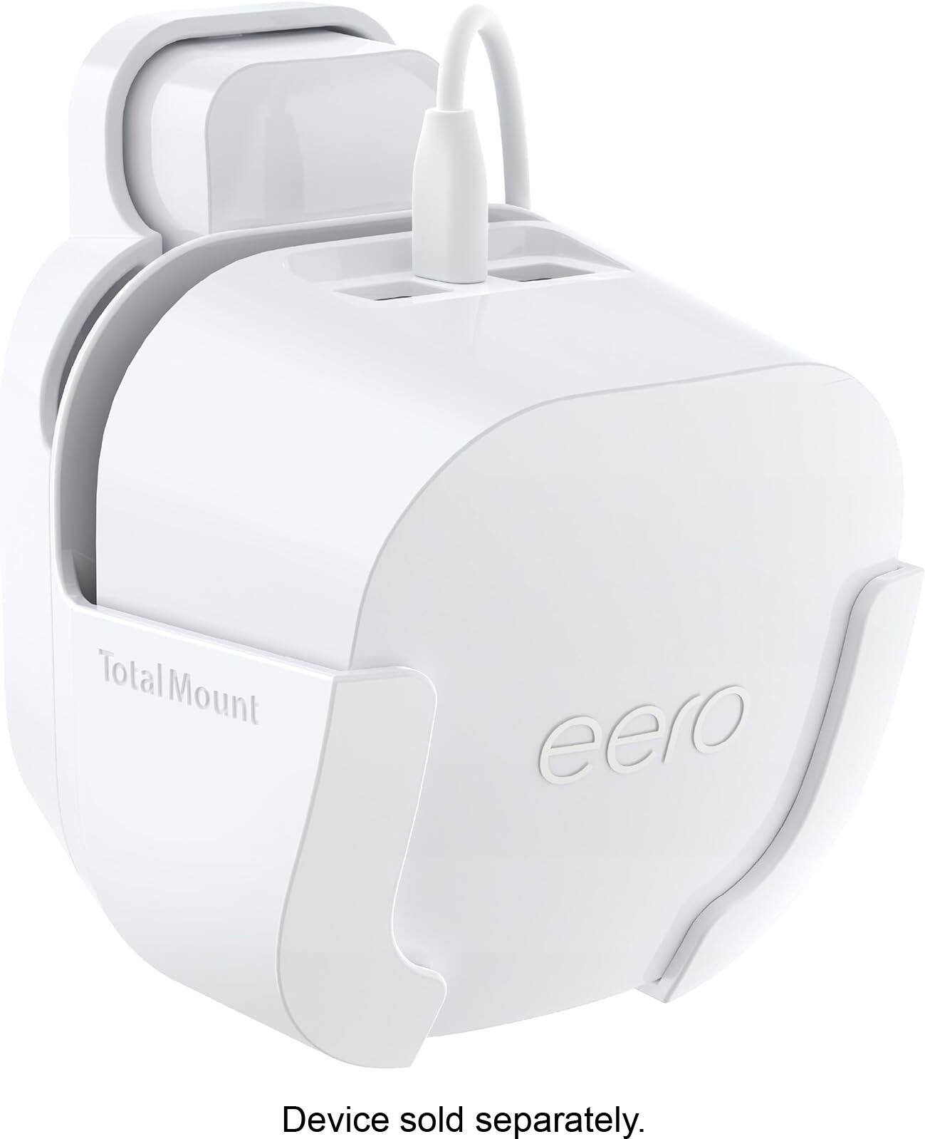 The image features a white Total Mount eero device, which is a combination of a router and a charger. The device has a sleek design and is likely used for charging and internet connectivity. The device is plugged in and ready for use.