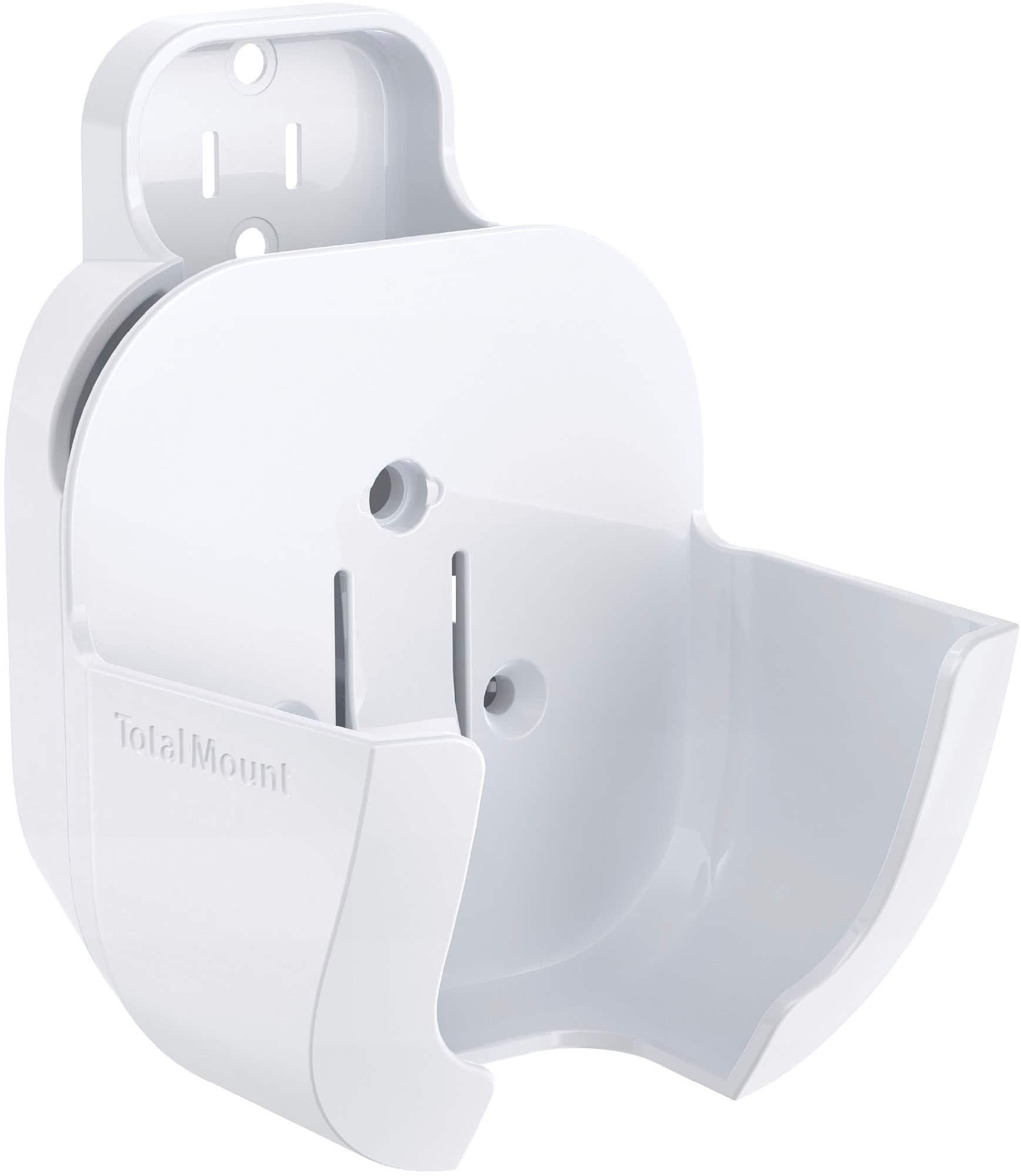 The image features a white Total Mount device, which is designed to hold a cell phone securely. The device has a holder that can be attached to a wall or other surfaces, providing a convenient and stable place for the phone to be placed. The Total Mount is a practical solution for keeping a phone within easy reach while also protecting it from potential damage or loss.