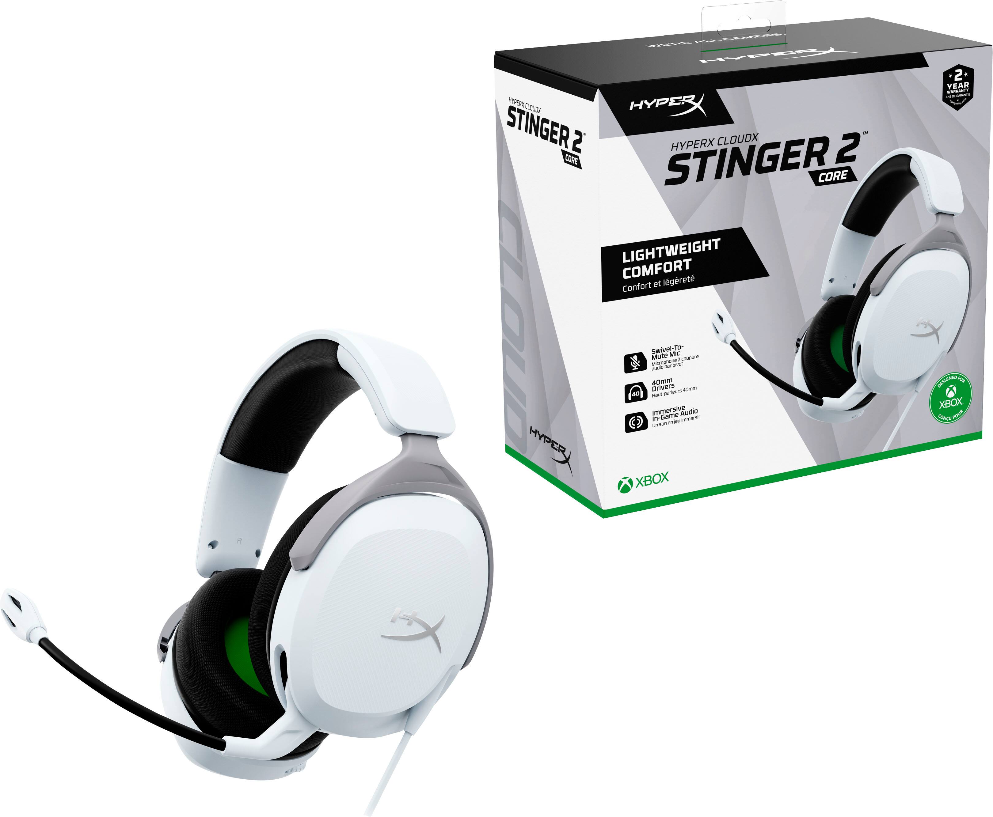 The text on the image reads: "HyperX Stinger 2 - HyperX CloudX 2 Core - Lightweight Comfort - Core Lightweight Comfort - HyperX Stinger 2 - Core Lightweight Comfort - HyperX CloudX 2 - Xbox 2 Year Warranty - Mute Unmute in-Game - Audio Mute - Xbox 2 Year Warranty."