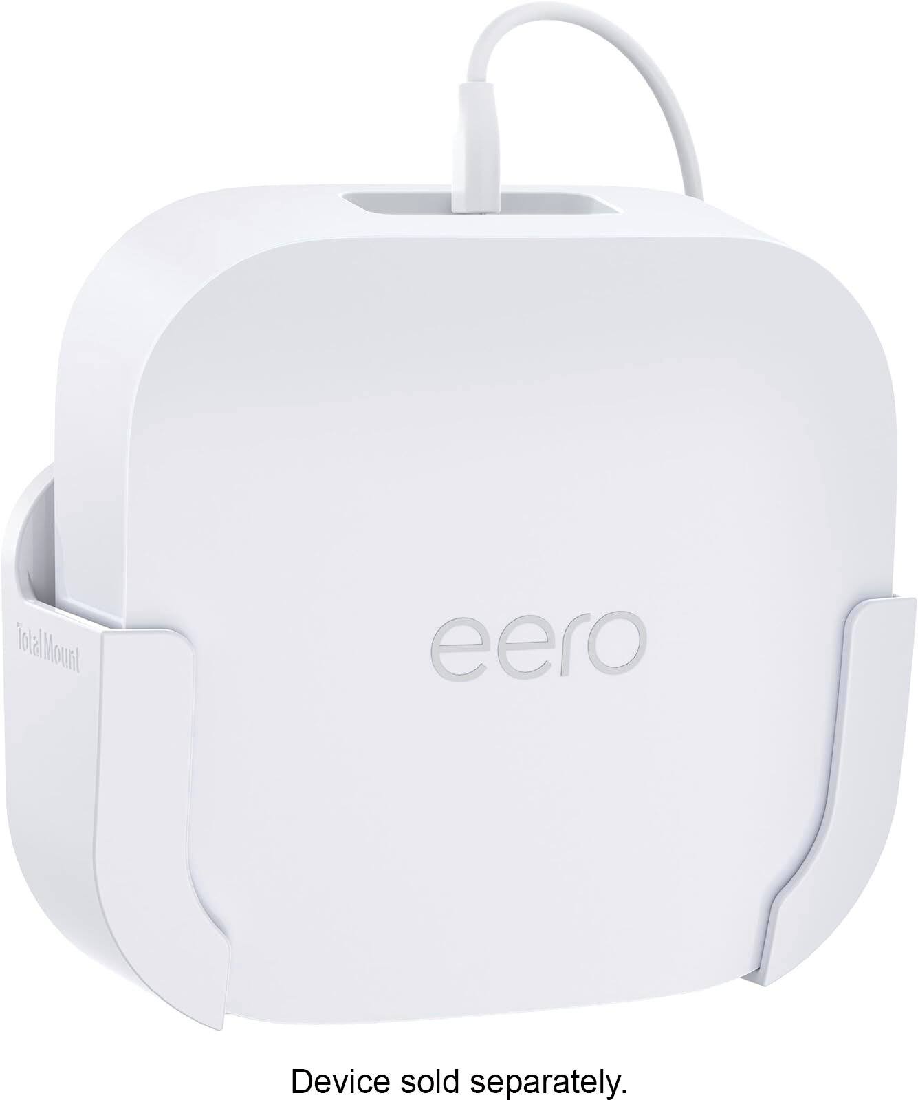 The image features a white Eero device, which is a box-like object with a cord attached to it. The Eero device is designed to provide Wi-Fi coverage throughout a home or office, ensuring a strong and reliable internet connection. The device is compact and can be easily placed in various locations to extend the Wi-Fi network.