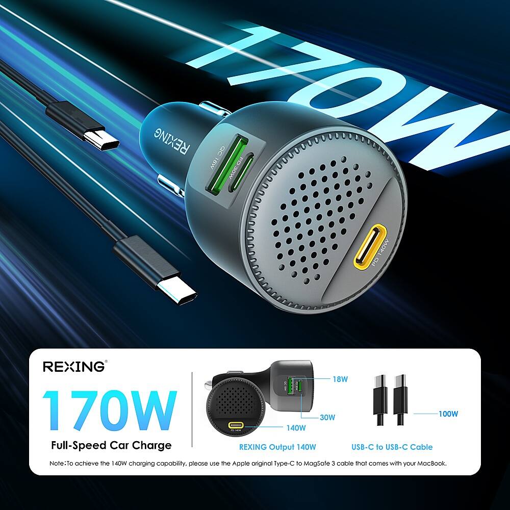 REXING 170W Full-Speed Car Charge 18W USB-C to USB-C Cable Note: To achieve the 170W charging capability, please use the Apple original Type-C to MagSafe 3 cable that comes with your MacBook.
