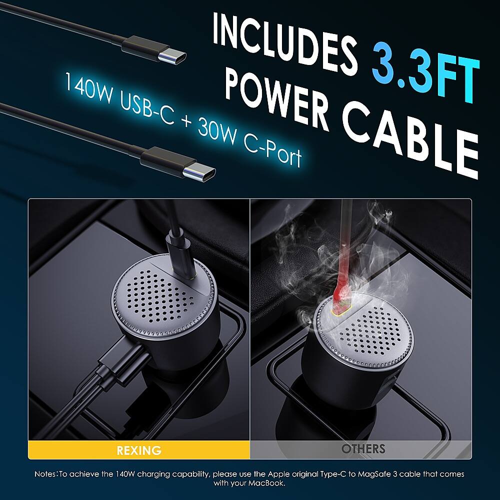 The image features a product that includes a 3.3 ft 140W USB-C + 30W Power C-Port cable. The cable is designed to charge a MacBook using the Apple original Type-C to MagSafe 3 cable. The product is advertised as a rexing cable, and it is suitable for use with other devices as well.
