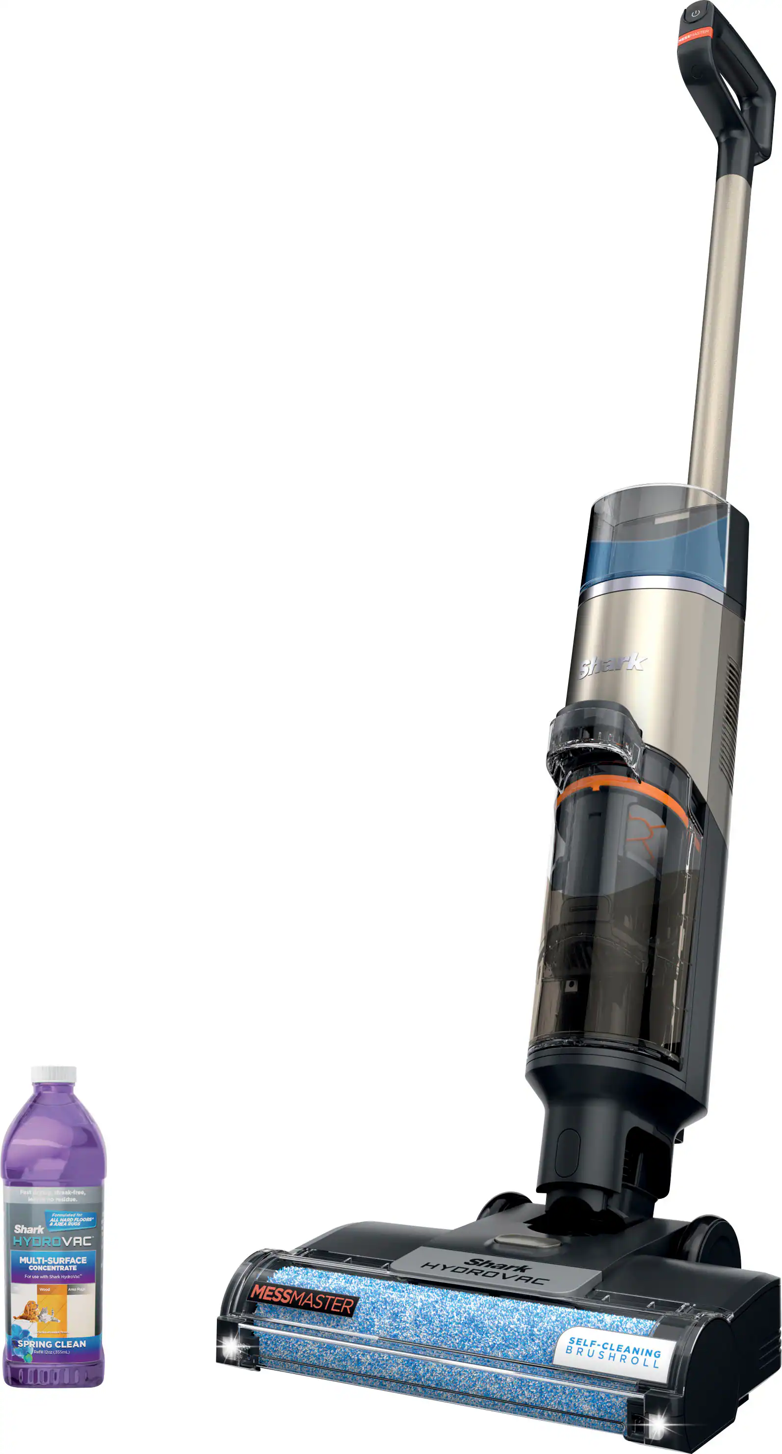 The image features a vacuum cleaner and a bottle of cleaning solution. The vacuum cleaner is positioned on the left side of the image, while the bottle of cleaning solution is on the right side. The vacuum cleaner is designed to help clean carpets and other surfaces, while the cleaning solution is used to enhance the cleaning process by removing dirt and stains.