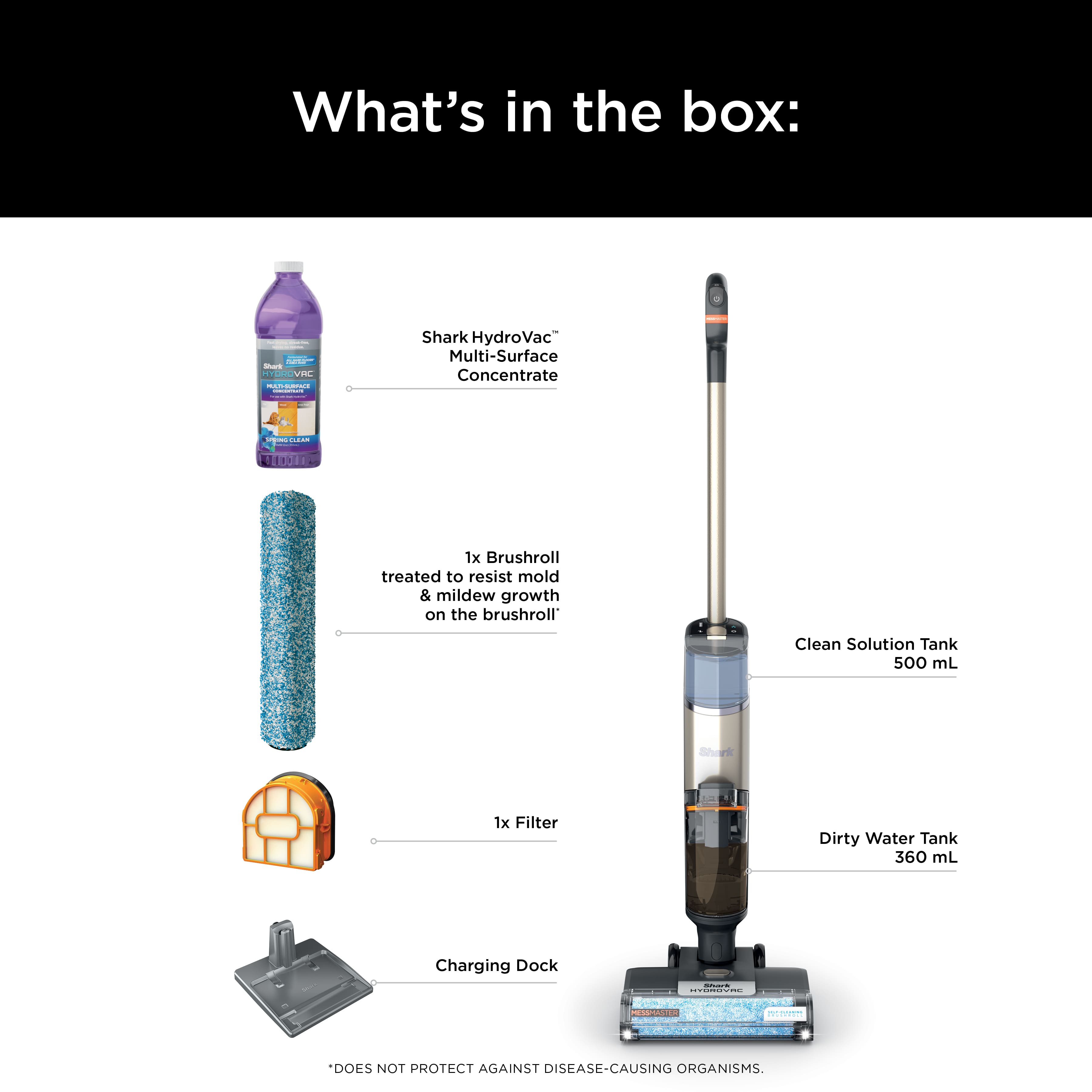 The image features a Shark HydroVac cleaning machine, which is designed to clean various surfaces. The machine consists of a clean solution tank, a dirty water tank, a filter, and a charging dock. The cleaning machine is equipped with a brushroll that has been treated to resist mold and mildew growth. The machine is designed to be used with a concentrated cleaning solution, which is stored in the clean solution tank. The dirty water tank is used to collect and dispose of the dirt and debris removed during the cleaning process. The filter helps to remove any impurities from the cleaning solution, ensuring that the solution remains effective and safe to use. The charging dock is used to recharge the cleaning machine when it runs out of battery power.