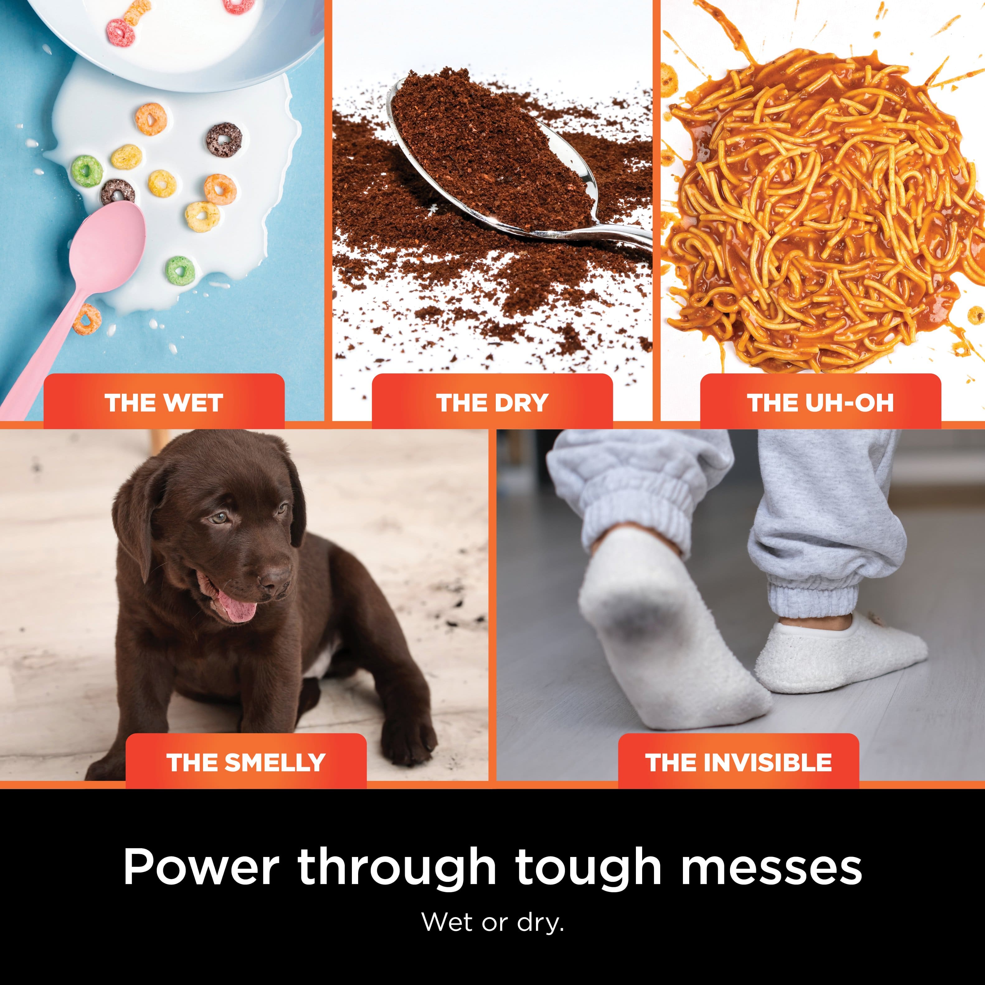 The image features a dog lying on the floor next to a bowl of cereal, with a spoon and a fork nearby. The dog appears to be looking at the camera, and there is a person standing in the background. The scene is likely a playful moment captured in a home setting.