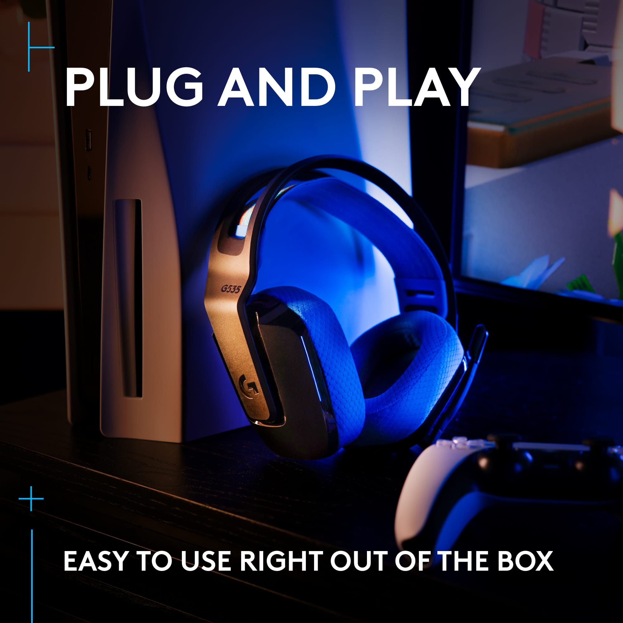 The text on the image reads "Plug and Play G535 + Easy to Use Right Out of the Box."