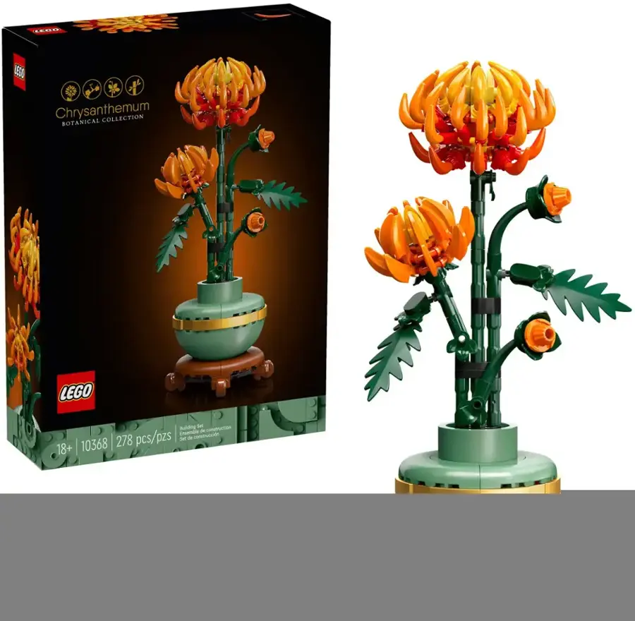 The text on the image reads: "LEGO Chrysanthemum Collection Botanical Building Set - 10368 | 278 pcs/pzs | Ages 18+".