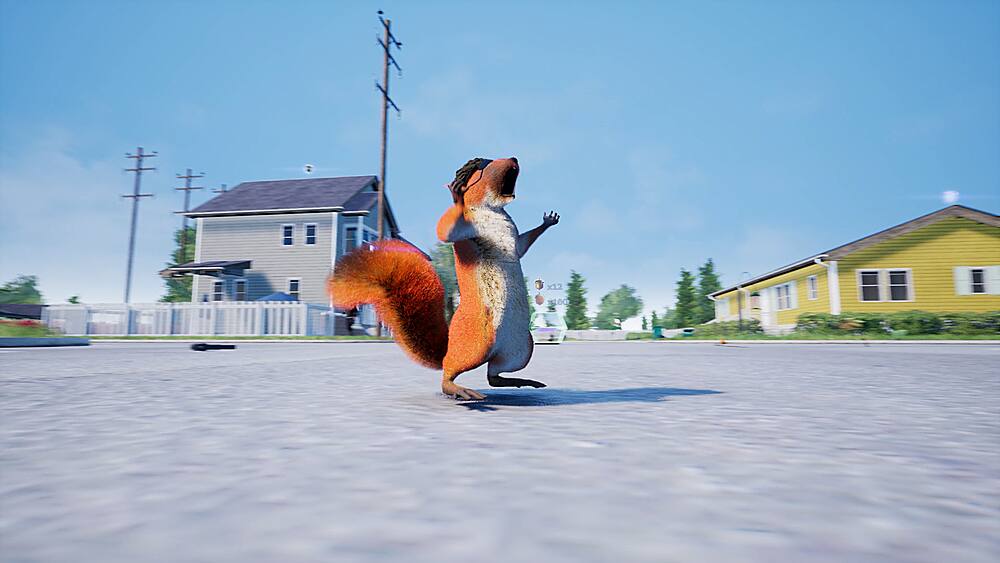 The image features a small animal, possibly a squirrel or a cat, walking across a street. The animal is located in the middle of the scene, with a house in the background. The street appears to be empty, with no other visible objects or people.