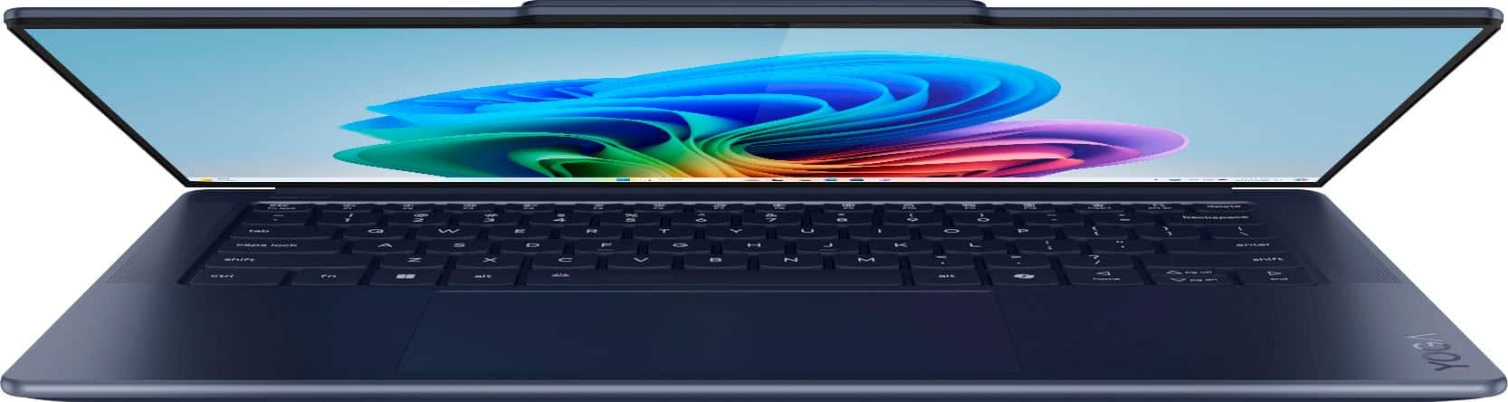 Laptop_Computers:
* The laptop is black and has a colorful screen.
* The screen is open and turned on.
* The laptop has a keyboard on the bottom.
* The laptop is a Yoga model.