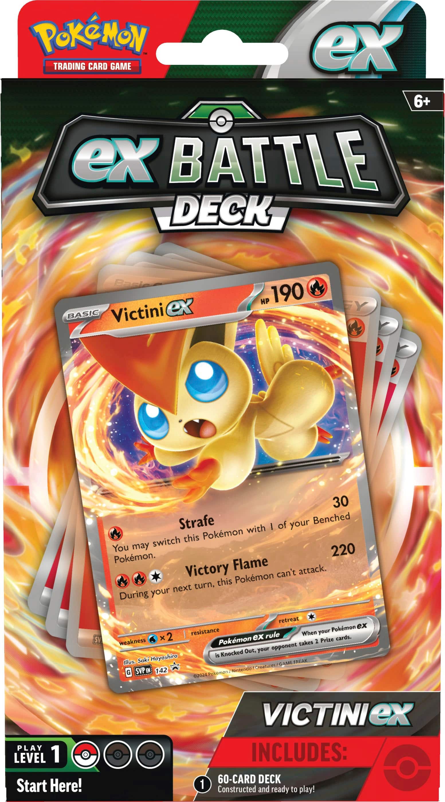 Pokemon - ex TRADING CARD GAME 6+ ex BATTLE DECK Basic Victini ex HP 190 EY 30 Starter Deck with 60 cards, including 220 Pokemon. Flame Victini can't attack next turn, but it can switch with another Pokemon. During your opponent's retreat, this Pokemon may take out the opponent's Pokemon. Saki Hayashiro FREAK Creatures GAME G SVP E 142 Pokemon Ninzendo 02044 PLAY LEVEL 1 Start Here! 1 VICTINIEX ex INCLUDES: 60-CARD DECK Constructed and ready to play!