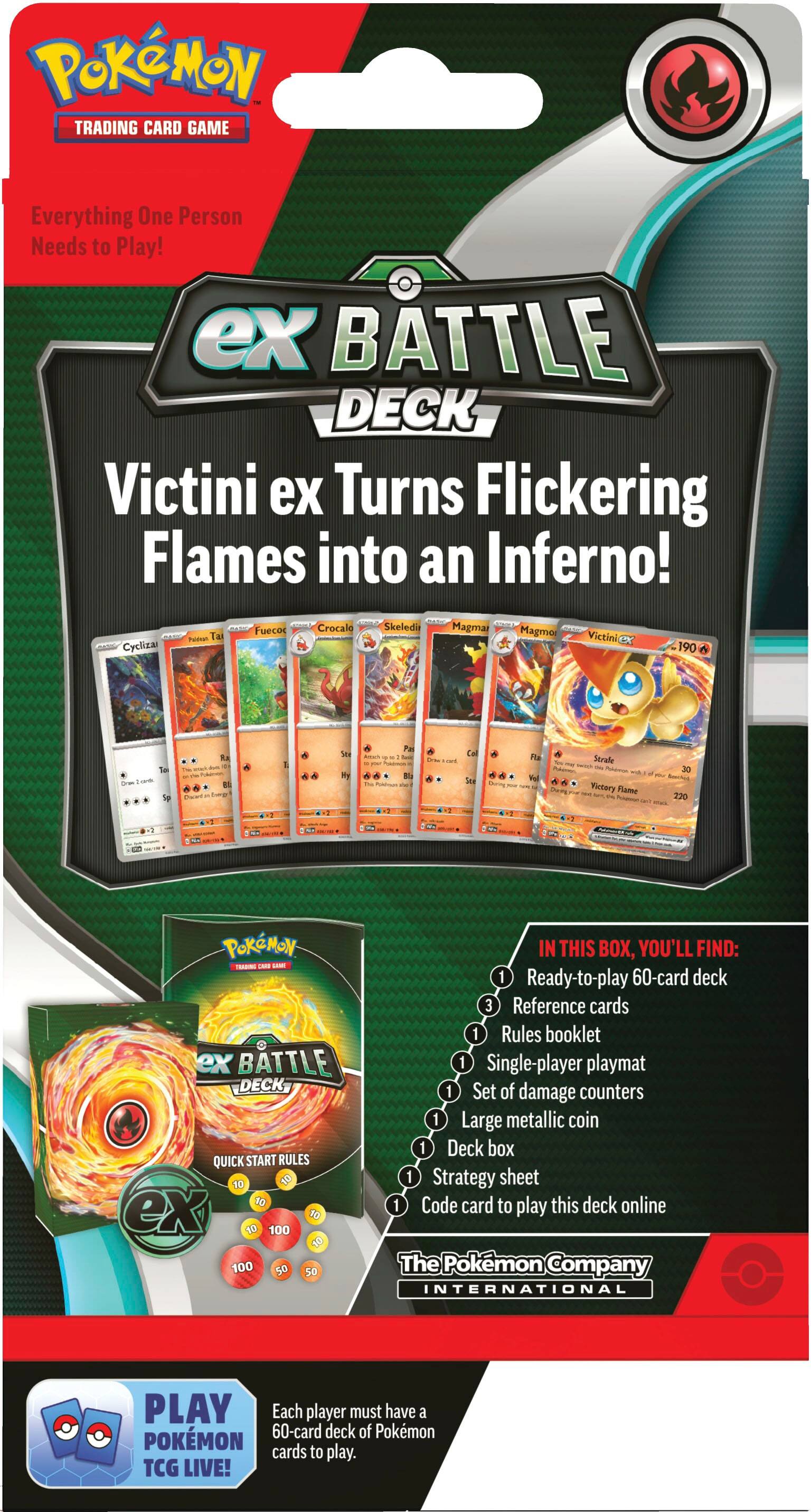 The image features a Pokemon trading card game deck, specifically the ex Battle Deck. The deck contains a variety of Pokemon cards, including Victini ex, which can turn flickering flames into an inferno. The deck also includes cards for Cyclizar, Teatime, Fuecor, Crocata, Skeledir, Magmar, and Magmo. The deck comes with a quick start guide, a playmat, damage counters, a deck box, a strategy sheet, and a code card to play the deck online. The Pokemon Company International is responsible for producing this deck, and it is designed for single-player use.