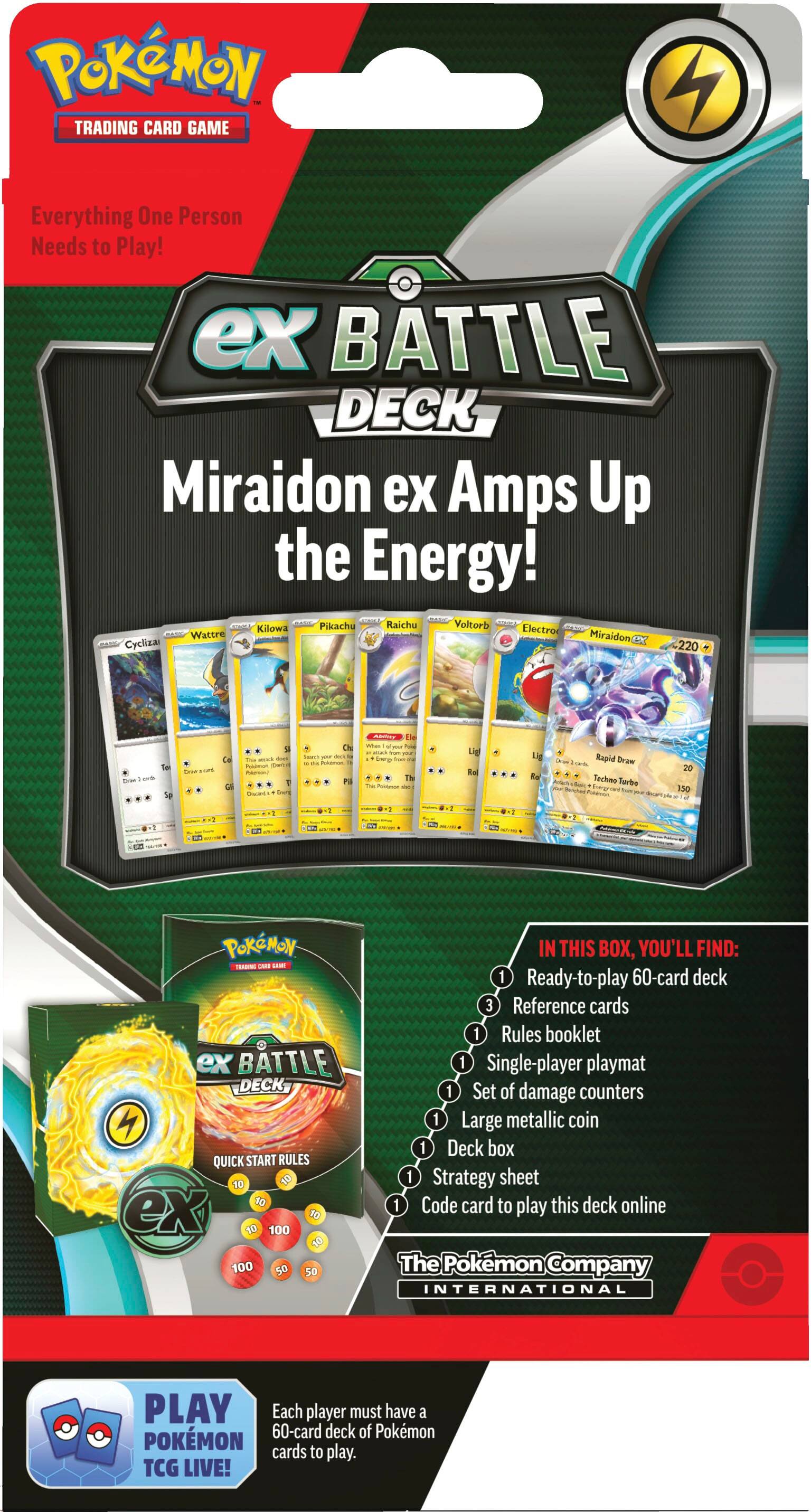The image features a Pokemon trading card game deck, specifically the ex Battle Deck Miraidon ex Amps Up the Energy! The deck includes various Pokemon cards, such as Raichu, Voltorb, Kilowatt, Pikachu, and Electrode, among others. The deck also comes with a playmat, damage counters, a deck box, and a code card to play online. The deck is designed for single-player use and is ready to play right out of the box. The Pokemon Company International is responsible for creating this exciting and engaging game.