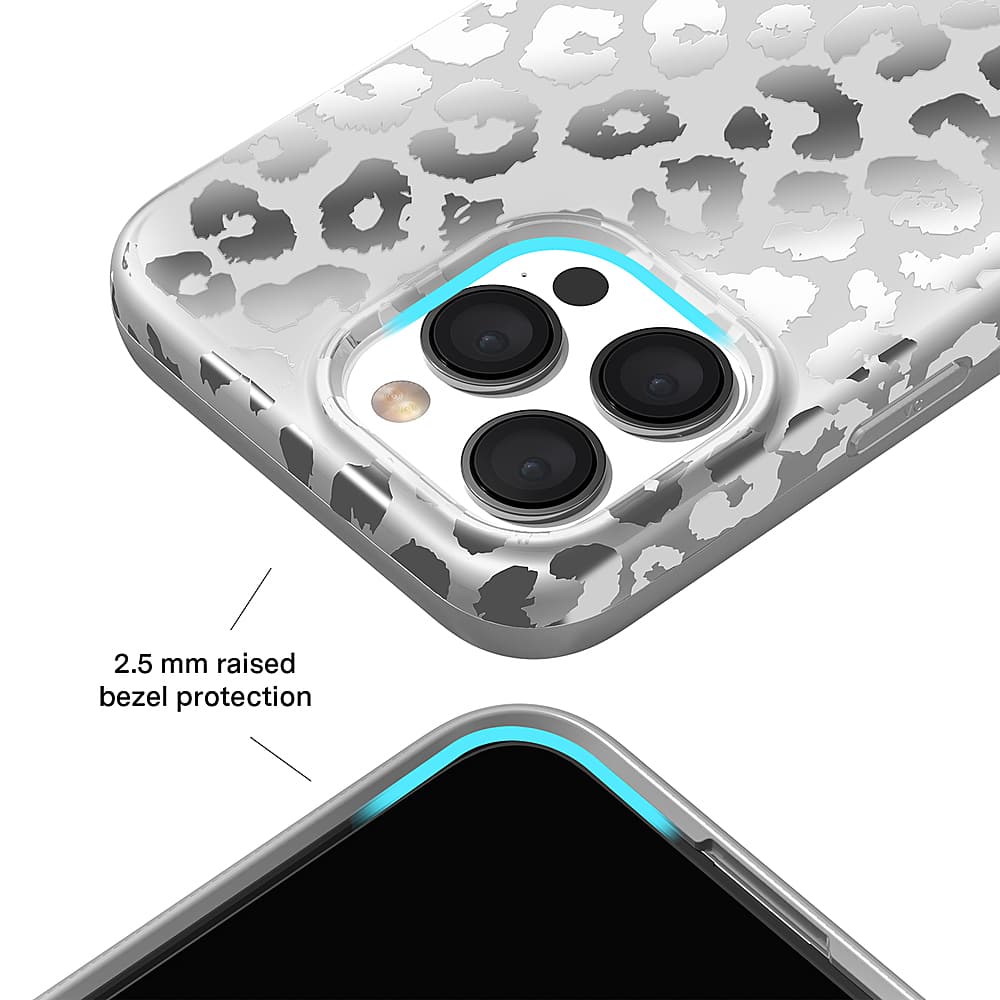 The image shows a cell phone case with a 2.5 mm raised bezel protection. The case is designed to protect the phone from scratches and minor impacts. The case is made of a material that provides a good grip, making it easier to hold the phone securely. The case also features a camera lens cover to protect the camera from dust and debris. Overall, the case offers a combination of protection and functionality for the phone.