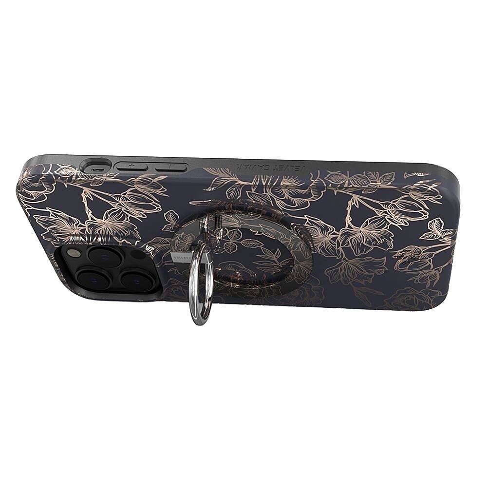 The image features a cell phone with a floral case on it. The case has a design of flowers and leaves, giving it a unique and artistic appearance. The phone is turned off, and the case is closed, showcasing the intricate details of the design.