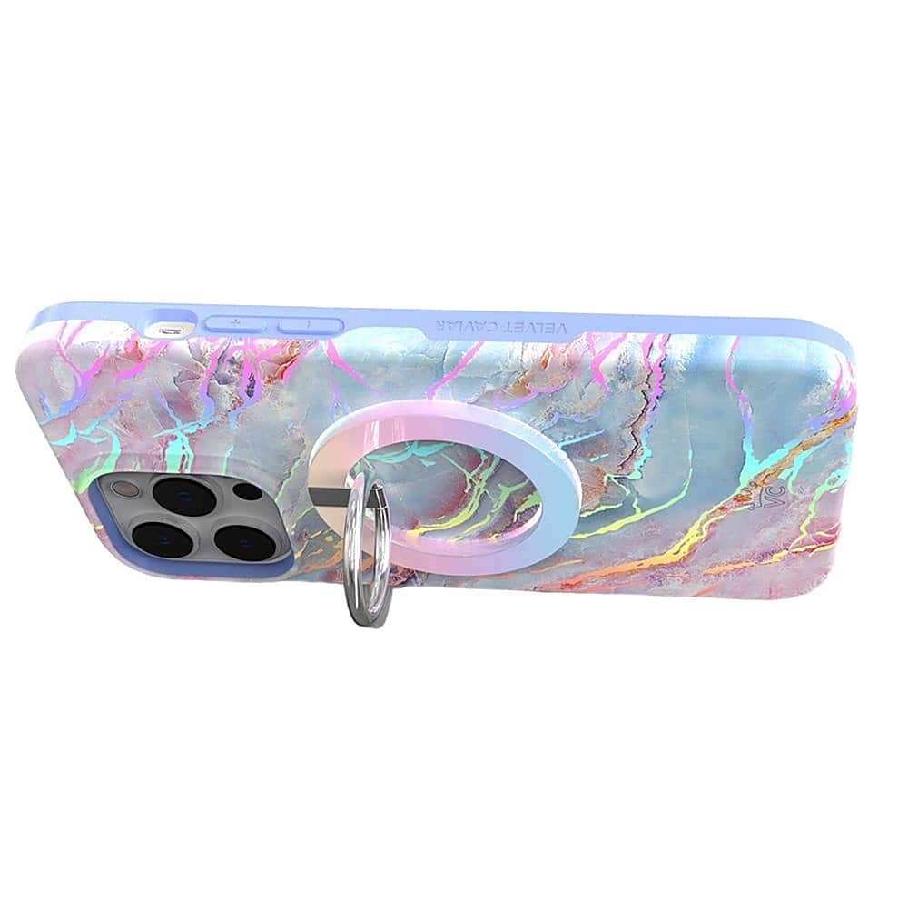 The image features a cell phone case with a unique design. The case is made of a material that resembles a marbled or pearly finish, giving it a luxurious and elegant appearance. The case is designed to protect the cell phone while also showcasing its camera lens, which is a prominent feature of the case. The case is available in a variety of colors, including pink, blue, and purple.