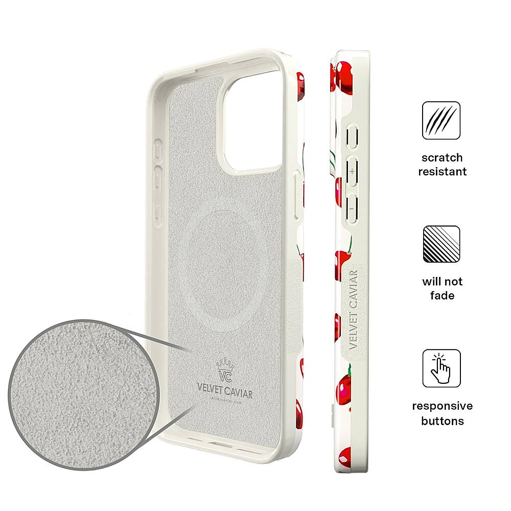 The image features a white cell phone case with red cherries on it. The case is described as being "responsive buttons" and "scratch resistant." The case is also advertised as being made of "velvet caviary," which is a unique material that is designed to not fade over time. The case is displayed in a way that highlights its features, making it an attractive option for those looking for a stylish and durable phone case.