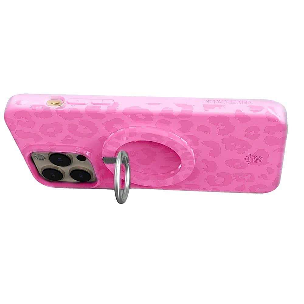 The image features a pink cell phone with a leopard print case. The phone has a camera on the back, and the case has a keychain attached to it. The case is designed by Caviar, and the phone is a Nokia model. The case is made of leopard print material, giving it a unique and stylish appearance.