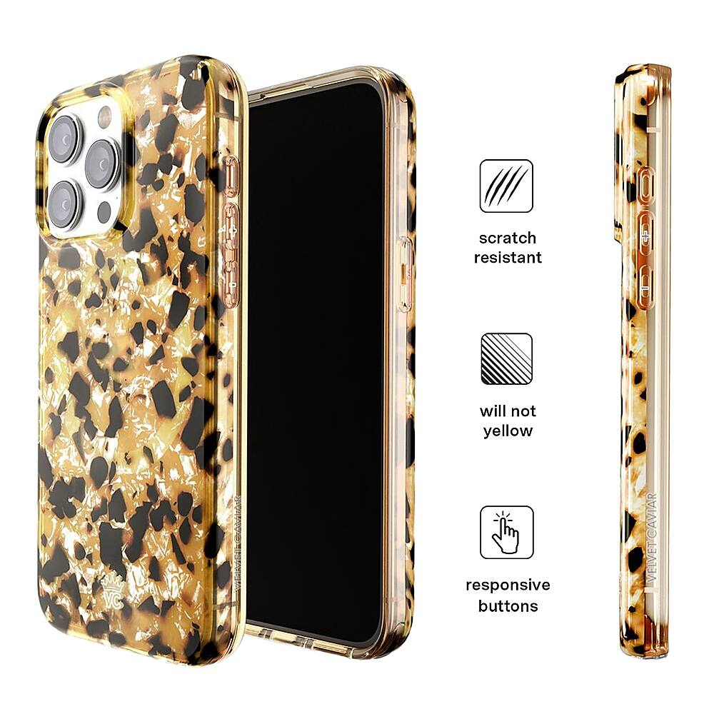 The image shows a close-up of a cell phone with a leopard print case. The case is described as being scratch resistant, and the buttons are responsive. The case is made by Velvet Caviar.