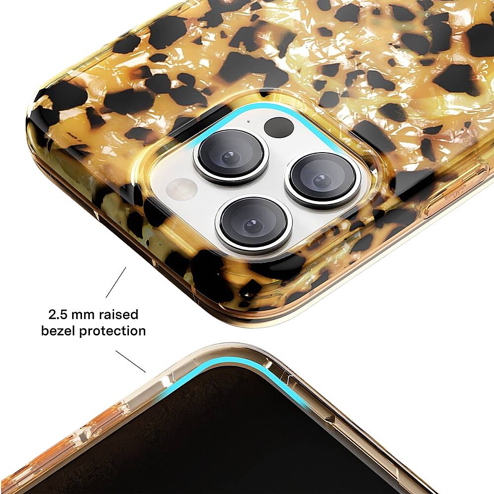 The image shows a close-up of a cell phone case with a 2.5 mm raised bezel protection. The case is designed to protect the phone from scratches and minor impacts. The case is made of leopard print material, which adds a unique and stylish touch to the phone. The case is placed on top of the phone, showcasing its design and functionality.