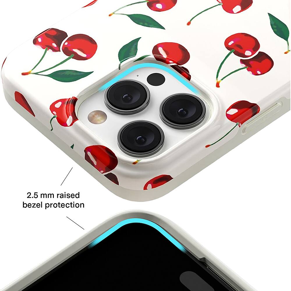 The image shows a cell phone with a white case featuring cherries on it. The case has a raised bezel of 2.5 mm, providing protection for the phone.