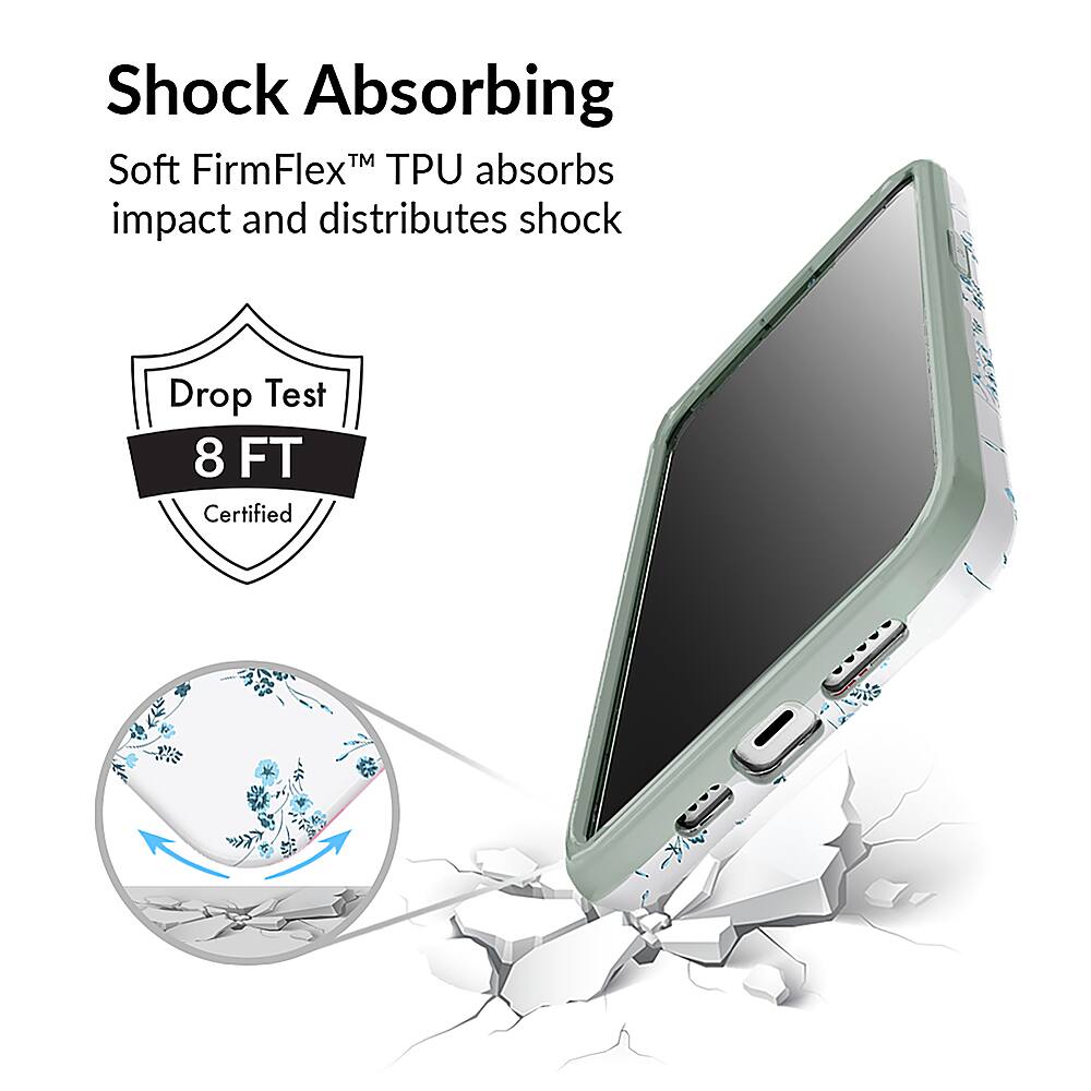 Shock Absorbing TM Soft FirmFlex TPU absorbs impact and distributes shock. Drop Test 8 FT Certified.