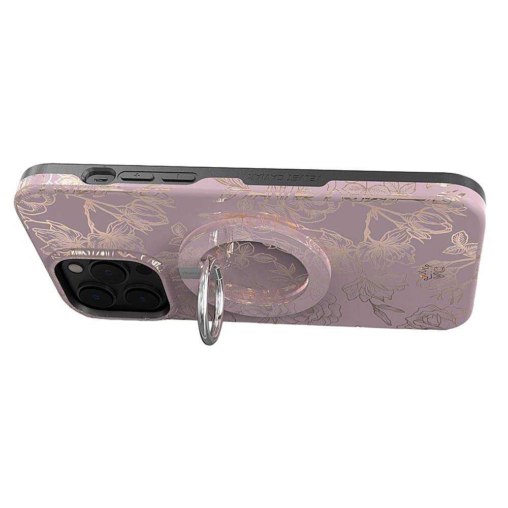 The image features a cell phone with a floral design case. The case has a hole in the center, allowing the camera lens to be visible. The phone is placed on a white background, making it the main focus of the image.