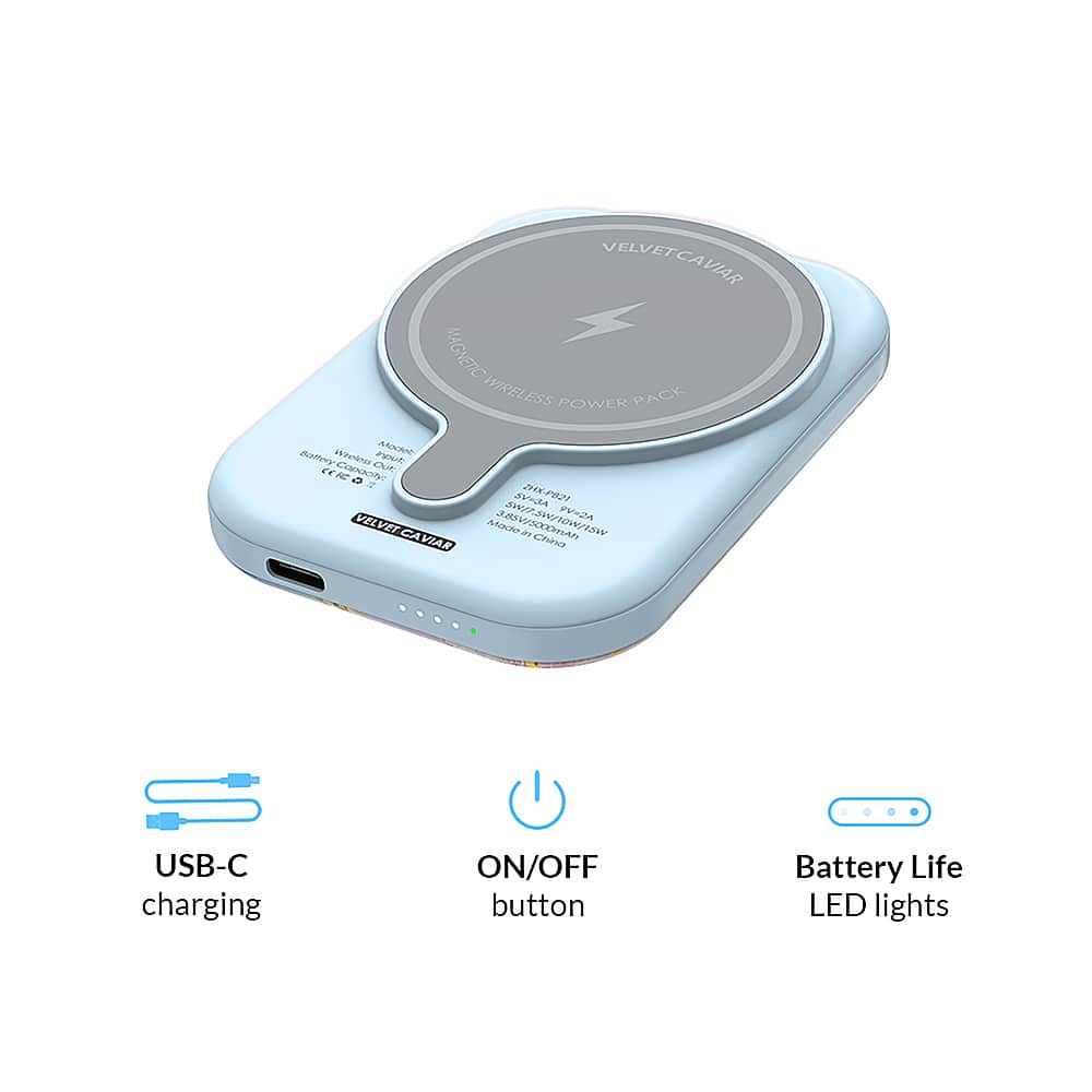 The text on the image is grouped and corrected as follows:
"VELVETCAVIAR MAGNETIC WIRELESS POWER PACK
Whoknor C MOC Zy Ot GK CODOCTY I RA 2HK-7821 3 P2A VEL VET AAOCO 38SV/5000man CA a L3W VIAR Chn ... USB-C charging ON/OFF button Battery Life LED lights"