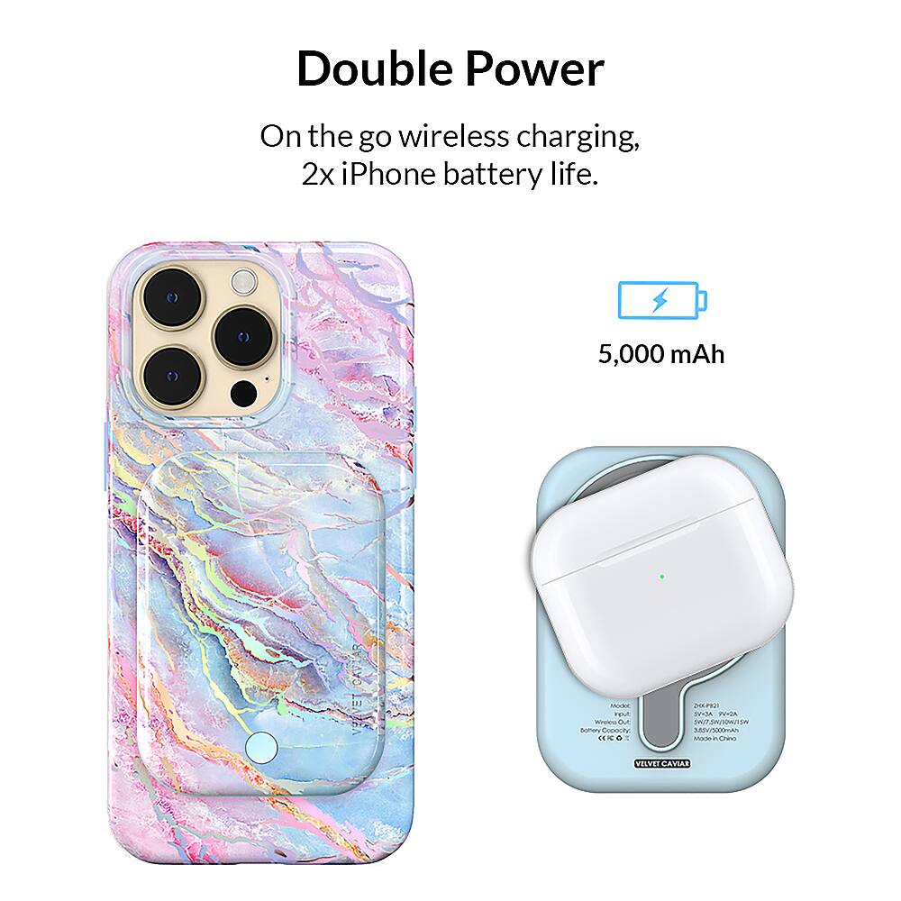 The text on the image reads: "Double Power On the go wireless charging, 2x iPhone battery life. 5,000 mAh."